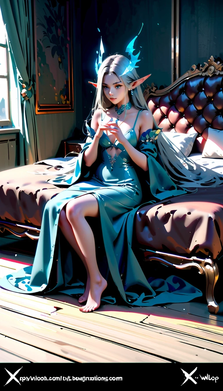 whole body，Haiqinyan by WLOP, Elf Queen Pictures, blue eyes, Long silver hair, long ears, comics《magic sword》heroine, fantasy art style, Beautiful illustration, elegant gesture, blue dress, sitting on bed, fantasy photography, Elf princess temperament, Top model beauty