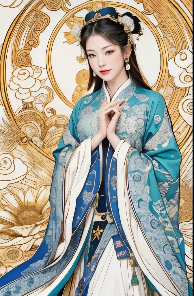 (masterpiece, top quality, best quality, official art, Beautiful and beautiful:1.2), (1 Chinese goddess,Chang'e fairy:1.5), Very detailed,(Dunhuang艺术:1.1),(Dunhuang,colorful:1.1)(flowers:1.3),most detailed,(Zentangle:1.2), (Dynamic flight attitude,Foot on the white clouds), (blue sky, White clouds and bright moon background:1.3), (Chinese traditional Hanfu fabric:1.2), (shiny skin), (Many colors:1.4), ,(earrings:1.4),