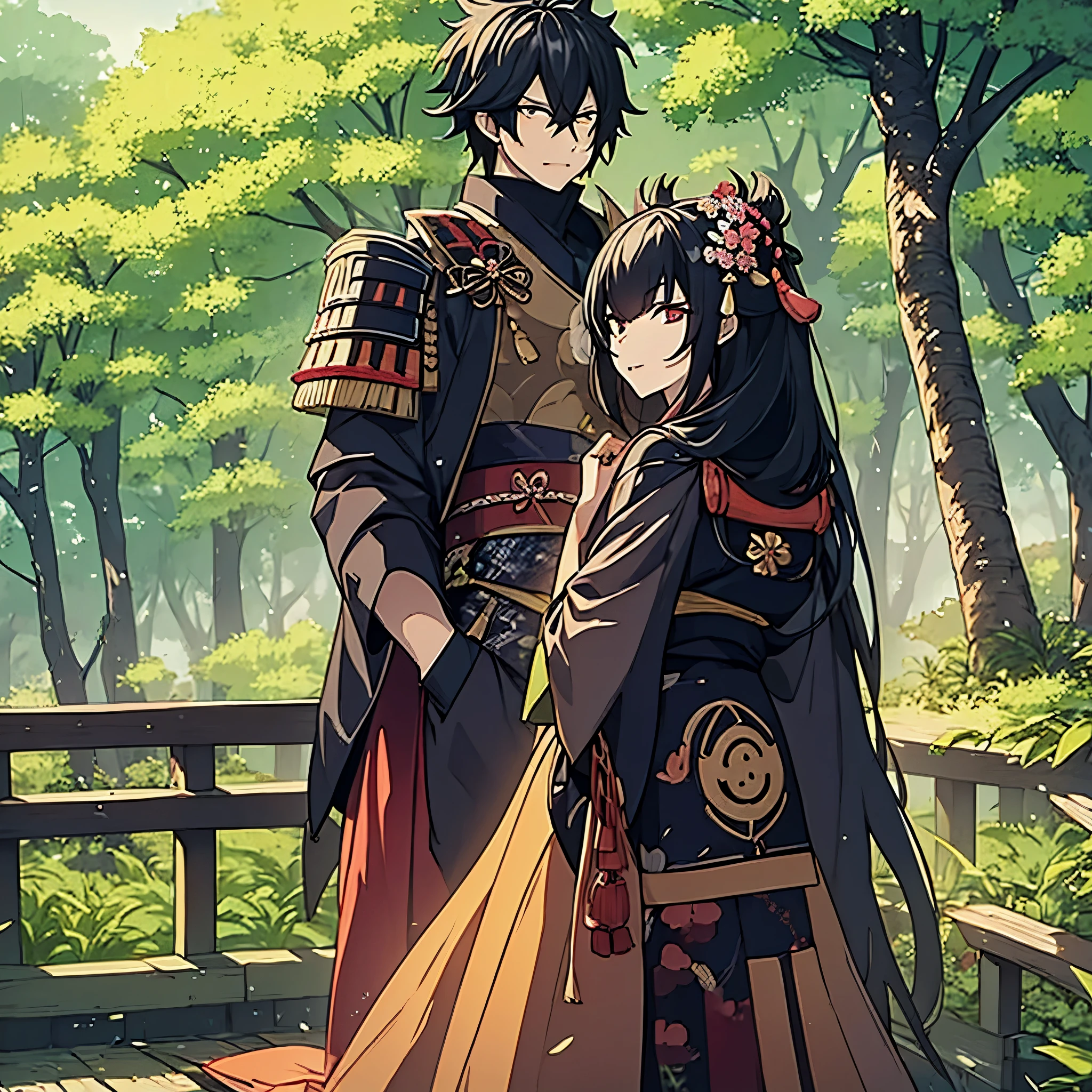 A man in samurai armor together with his wife dressed as a geisha, in a Japanese garden with several trees with yellow leaves, ultra resolution, masterpiece, very detailed. 2k hd
