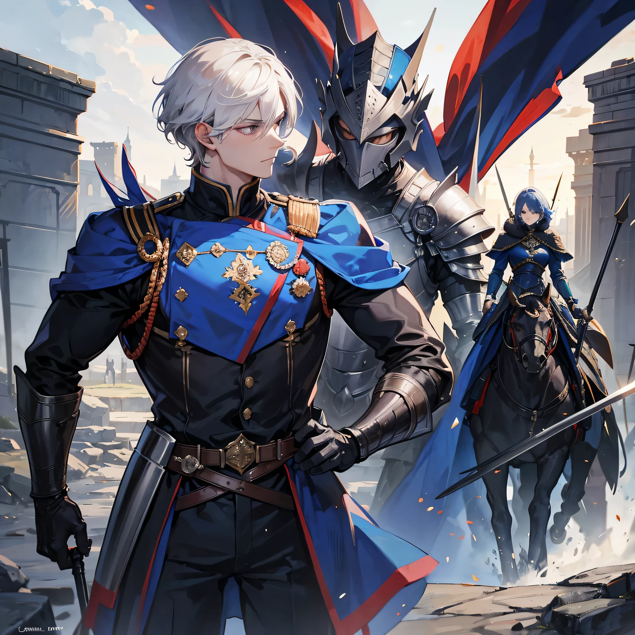 royal family，royal，Guards Cavalry，Men&#39;s short hair hairstyles，Have power，Wear armor，holding sword in hand，Aggressive，handsome man，myth，powerful，domineering