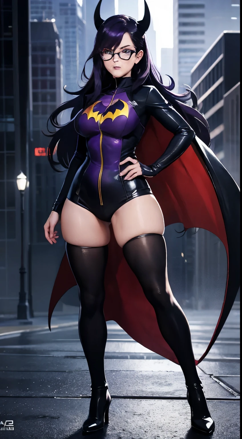 barbara gordon, purple color clothing, beauty, Batgirl clothes, Batgirl cosplay with bat cape, not masked, long black hair with bangs, wind effect, full body photo, prominent figure, standing on the edge of a skyscraper, night, photo (Masterpiece) (Best quality) (Detail) (8K) (HD) (Wallpaper) (Cinematic lighting) (Sharp focus) (Intricate), rain, wet, rays, best quality, ultra high resolution, photorealistic, full body portrait,  incredibly beautiful, serious batle poses, detailed skin texture, highly detailed skin, detailed face,