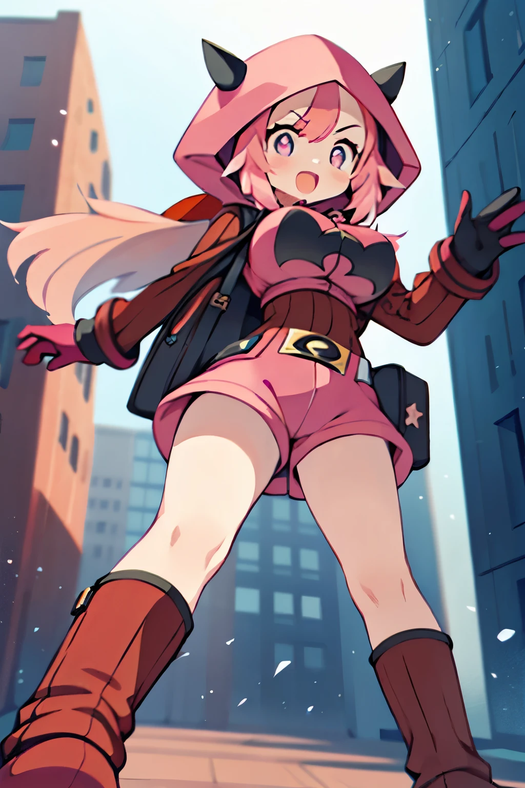 (1girl in:1.2), (Solo:1.2) 、nffsw、Shaders、Brilliant Textured Work、Ultra-detailed eyes、ultra-intricate pupil in eyes、top-quality、Full body standing picture、pkmntmg 、(fake horns, hoodie, red shorts, gloves, red boots) 、long hair, (pink hair:1.5), sadistic smile、 from below, open mouth, huge breasts, put your hands up,