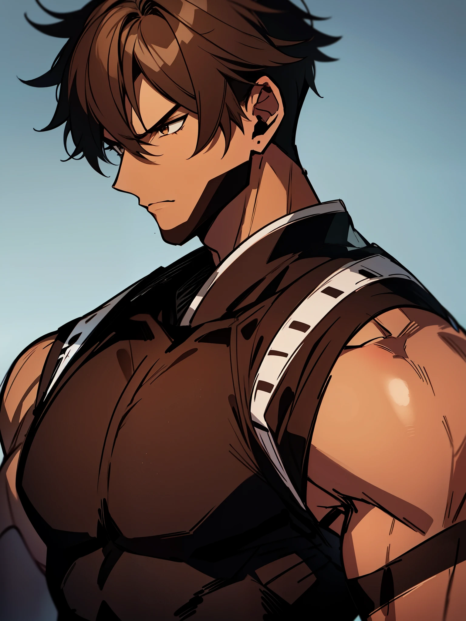 ((brown hair)), ((ninja)), ((bodysuit)), ((dark skin)), ((serious expression)), ((shinobi clothing)), ((muscular build)), (((complementary colors))), ((mature male)), 1boy, beautifully drawn, high resolution illustration, best quality, High definition, ((detailed anime sketch)), Masterpiece, (solo), absurdres, portrait, ((upper body)), ((wild hair)), detailed background, fine detail, male focus, HDR, ((short hair))
