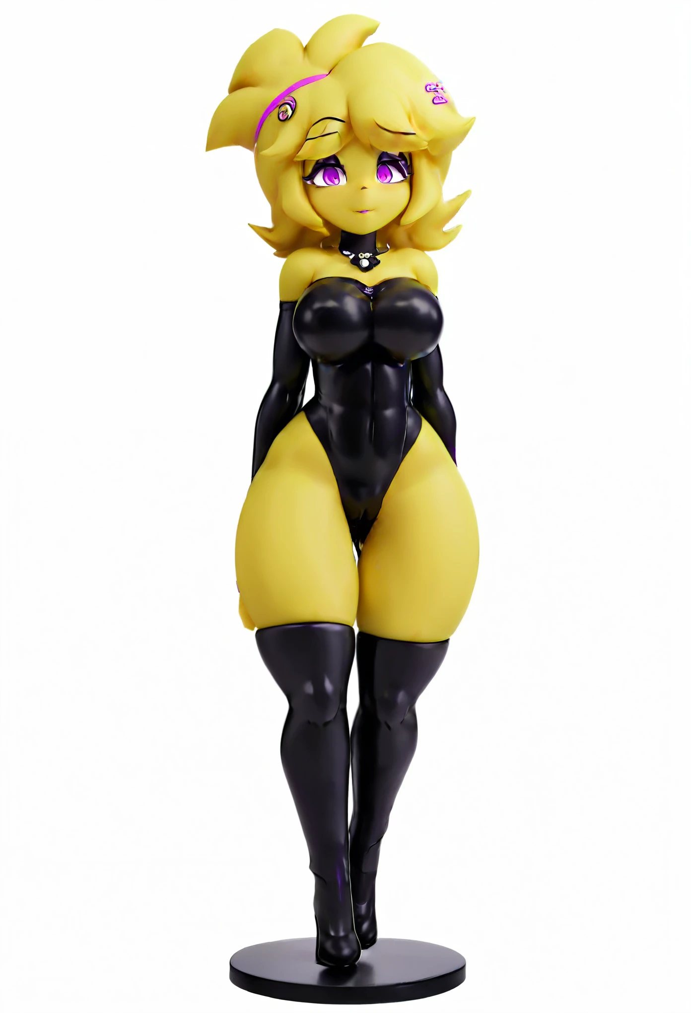 (best quality, masterpiece1.2), 1girl, solo, anthro, (anime figure, figurine on table, plastic figurine, figurine stand, figurine, a plastic figurine of a chiku:1.5), (chiku), (yellow body), pink eyes, purple eyeliner, yellow hair, woman, two toned fur, black bodysuit, hair clips, sexy, detailed, extreme detail, perfect lighting, 4k, tall, makeup, eyeliner, beautiful, spy outfit, one leg up,