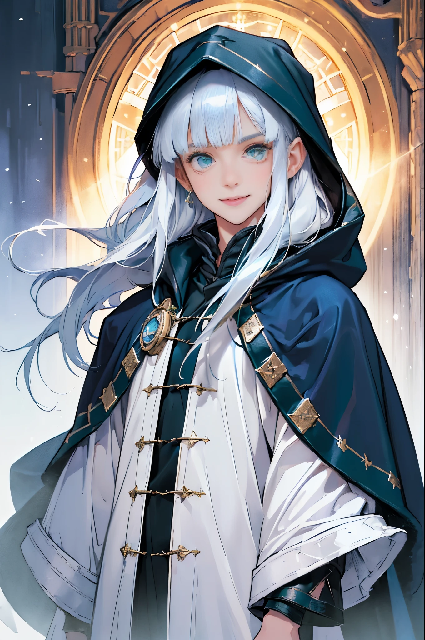 (((((girl))))), masterpiece, ultra detailed, 8K Portrait, Raw photo, woman's portrait photography, full body, Highly detailed face, mischievous childish smile, ((Fantasy)), (((hobbit))), ((Adult)), 45 years old, 110cm, (((ALCHEMIST))), ((tanned skin)), (((deep greenish white long straight hair))), (((blunt bangs))), (((dark blue silk long Fluffy cloak))) Fluttering in the wind, (((white inner coat))), long skirt, leather gloves, Midday sun, Hyper realistic, Slender body, by the snowy castle, Ambient lighting, Shadow details, Camera focus on face, strong breeze, Light fog