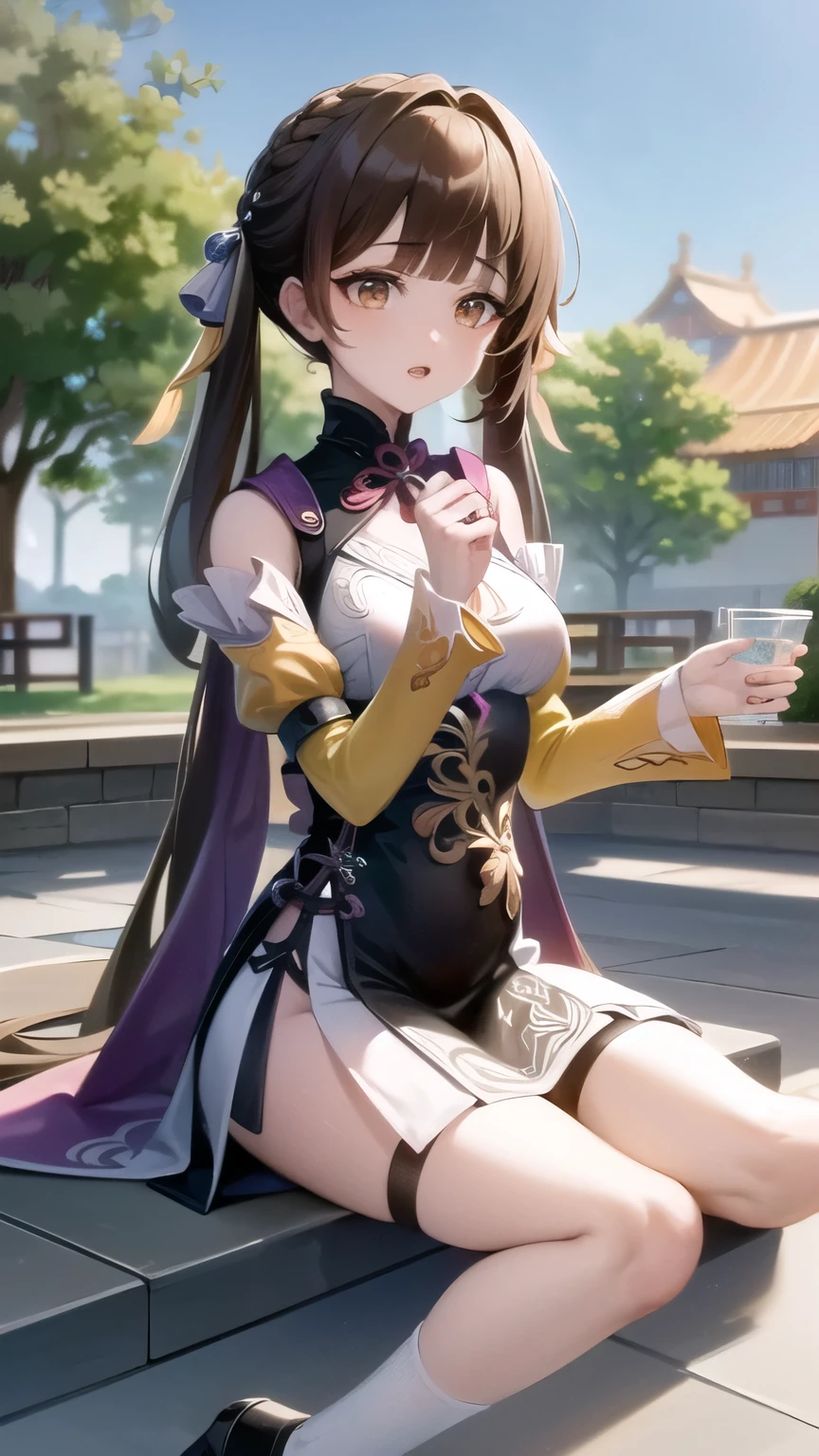 (8K,  foto cruda, Mejor calidad, obra maestra:1.2,ultra detallado, arte oficial, unity 8K wallpaper), 1 chica,  SushangV4,  solo, pelo largo,  pechos grandes, adorno para el pelo, mangas largas, vestido, escote, hombros descubiertos, boca cerrada, sosteniendo una espada larga, trenza, ropa china,(al aire libre, Arquitectura china antigua :1.5),renderizado en licuadora((isometric)),