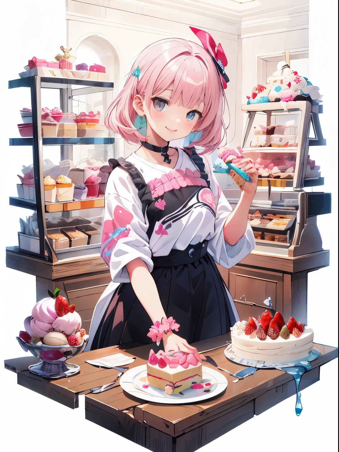 (((masterpiece))),highest quality, [(white background:1.5)::5], (isometric:1.1), Beautifully detailed fashion magazine style, Pink hair girl wearing pastel decora fashion, intricate illustrations, ice cream, sweets, shimmer, iridescent, particles of light, cake, strawberry, fruit, dynamic angle, pink theme, shiny, shiny clothes, frills, 8K, smile,blue eyes