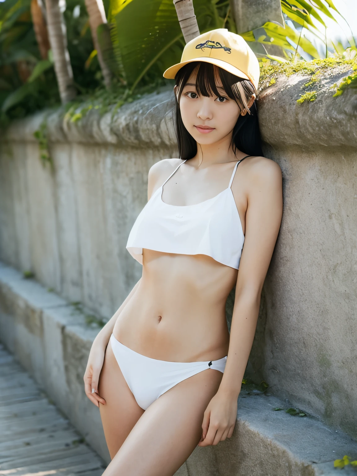 1 woman, black hair, naked, yellow cap, tropical seaside, natural skin, Sunlight coming in, Various feminine poses