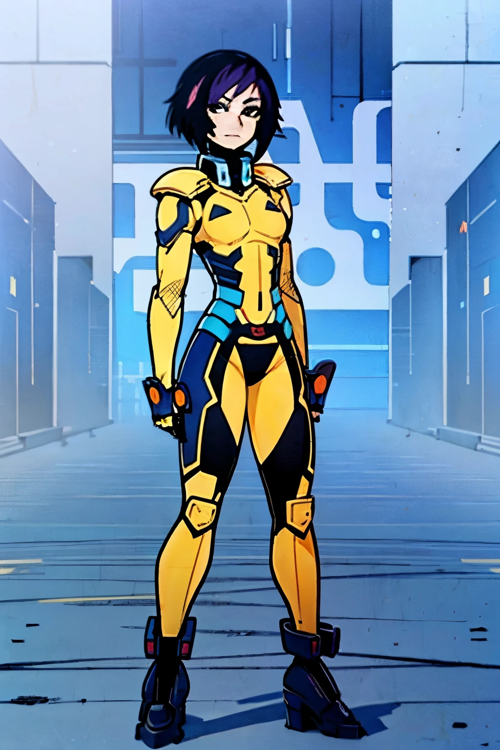 (My Hero Academia Style), (Gogo Tomago of 6 big heroes), 1Girl, Female, human, trending on artstation pixiv, (full body shot:1.5), Perfect Anatomy, perfect hands, Super Detailed, black hair that is styled into a bob cut with violet streaks on her bangs, yellow skintight armor, black neoprene suit, yellow knee-high armor boots, yellow armor gauntlets on elbow-length arms, yellow helmet aerodynamic with transparent visor, wheels on the feet, (small breasts), (wide hips), (((wide thighs))),