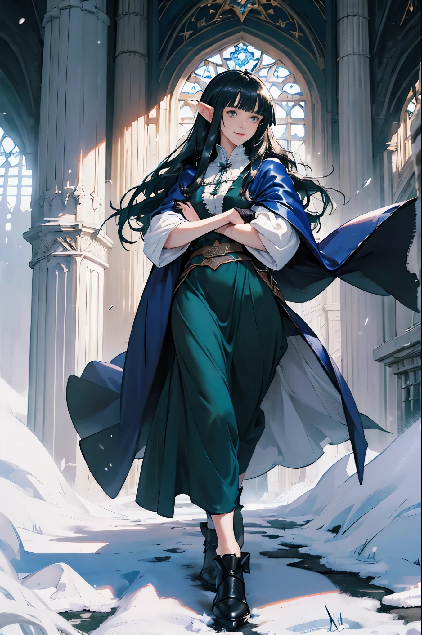 (((((girl))))), masterpiece, ultra detailed, 8K Portrait, Raw photo, woman's portrait photography, full body, Highly detailed face, mischievous childish smile, ((Fantasy)), (((hobbit))), ((Adult)), 45 years old, 110cm, (((ALCHEMIST))), ((tanned skin)), (((deep greenish white long straight hair))), (((blunt bangs))), (((dark blue silk long Fluffy cloak))) Fluttering in the wind, (((white inner coat))), long skirt, leather gloves, Midday sun, Hyper realistic, Slender body, by the snowy castle, Ambient lighting, Shadow details, Camera focus on face, strong breeze, Light fog
