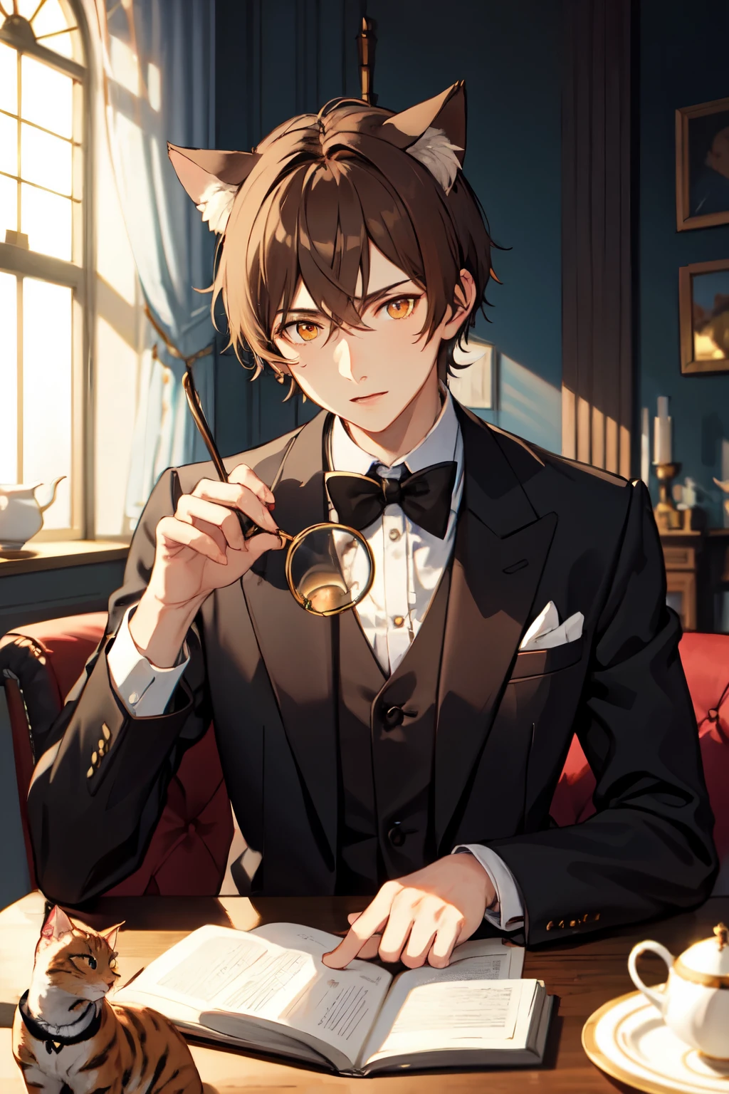 Butler, Cat Ears, Brown Hair, Sharp Orange Cat Eyes, masterpiece, Castle, Warm Atmosphere, Serving tea, Magic Circles, 1 Boy, Light Brown Skin, A single Monocle 