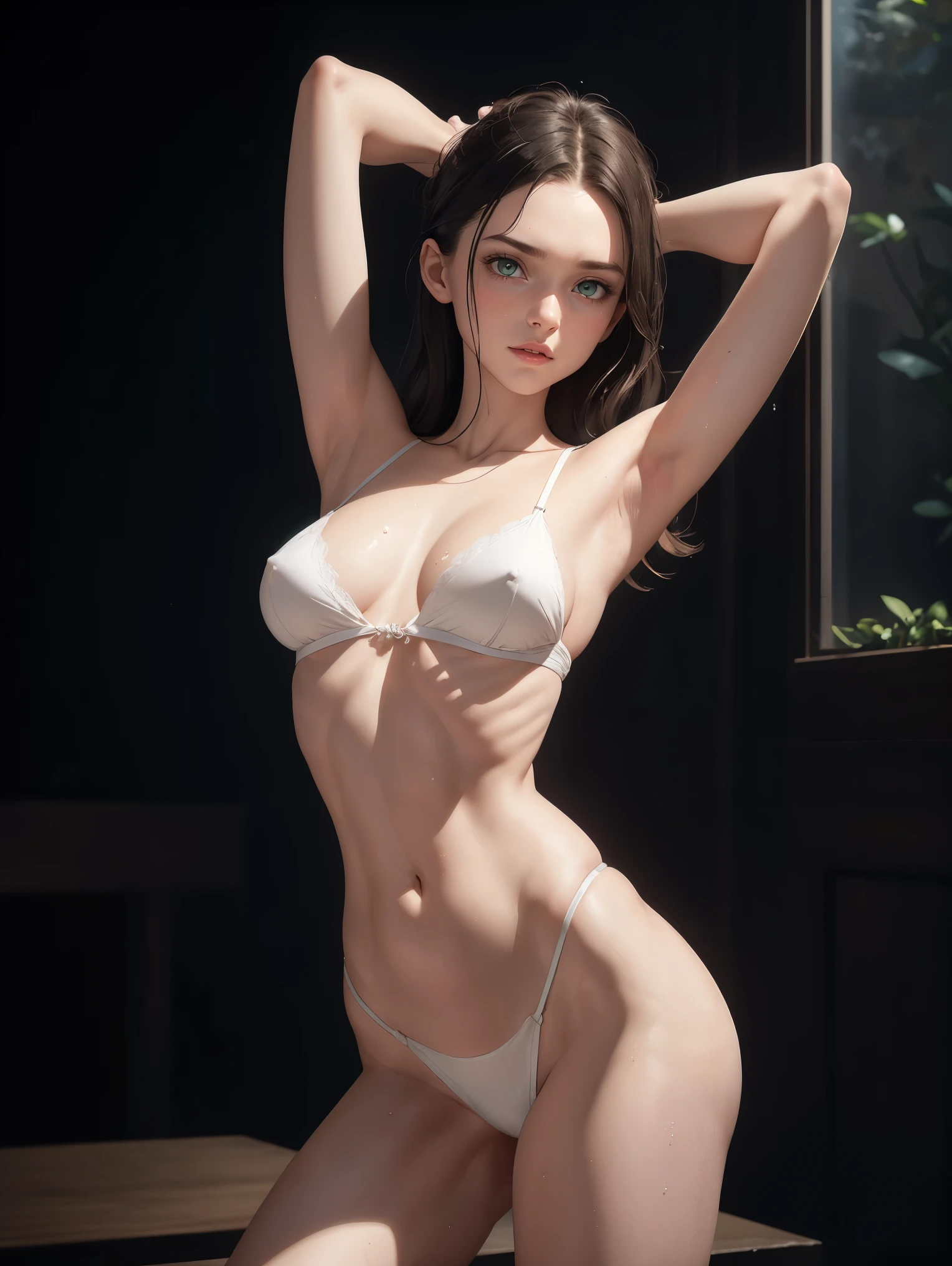 (whole body:1.5),octane rendering, 8K, best quality, masterpiece, illustration, extremely delicate and beautiful, detailed,extremely detailed,CG,Unite,wallpaper,Astonishing, fine details, realistic art: 1.2 ,masterpiece, best quality, official art, extremely detailed CG Unite 8K wallpaper,1 girl, 18 years old, skinny body, wearing lingerie, stretching pose, facing away from viewer, green eyes, dark brown hair, widows peak, pretty symetrical face, shiny wet skin, pale complexion, thin waist, narrow hips, long legs, skinny body, small breasts, Looking off to the side , Realistic photos, (hiqcgbody) ,perfect female figure, dark indoor background