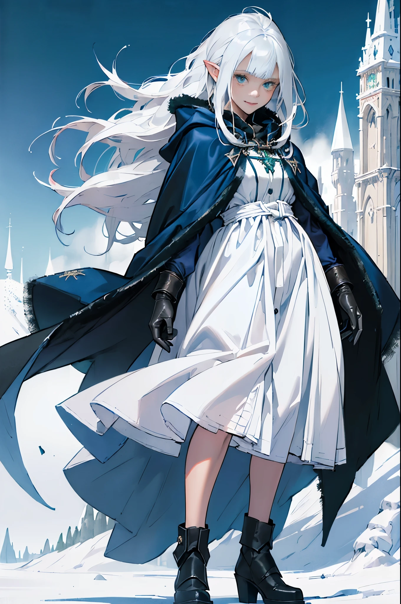 (((((girl))))), masterpiece, ultra detailed, 8K Portrait, Raw photo, woman's portrait photography, full body, Highly detailed face, mischievous childish smile, ((Fantasy)), (((hobbit))), ((Adult)), 45 years old, 110cm, (((ALCHEMIST))), ((tanned skin)), (((deep greenish white long straight hair))), (((blunt bangs))), (((dark blue silk long Fluffy cloak))) Fluttering in the wind, (((white inner coat))), long skirt, leather gloves, Midday sun, Hyper realistic, Slender body, by the snowy castle, Ambient lighting, Shadow details, Camera focus on face, strong breeze, Light fog