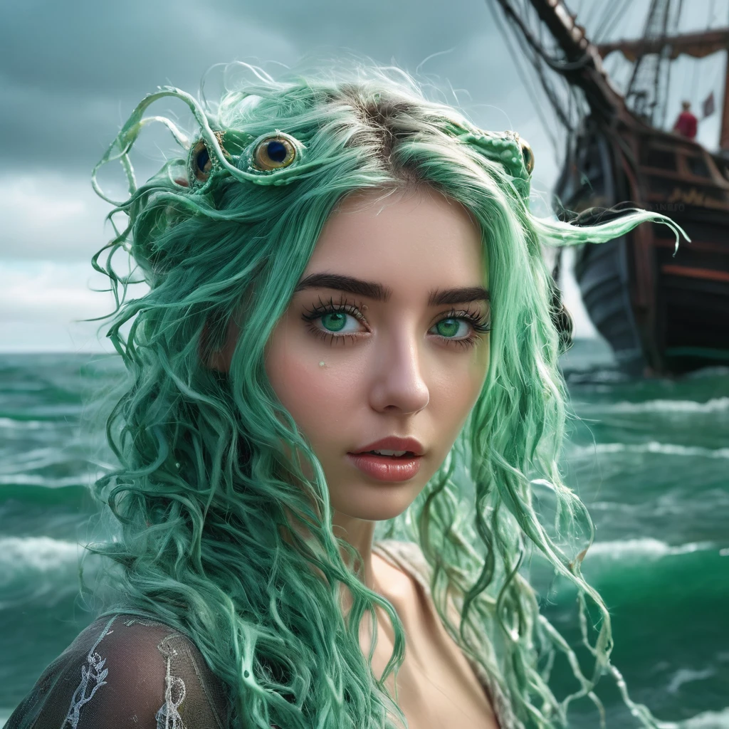 (best quality,ultra-detailed,realistic),portraits,medium:oil painting,(HDR,studio lighting),vivid colors,sharp focus,physically-based rendering,(A lovely siren),beautiful detailed eyes,beautiful detailed lips,extremely detailed eyes and face,long eyelashes,(light green skin),(aquamarine eyes),blue-green color tones on the face,(coke bottle figure),(blessed proportions),(sea foam green hair ankle length),flowing hair,(dressed in tatters, holding a lantern that shines unnaturally bright and swirls with evil energy),tattered clothing flowing in the wind,(age 20),serene expression,graceful pose,emerging from the ocean,sparkling water droplets on skin and hair,faint shimmering scales on the legs,gentle waves in the background,strands of seaweed entwined in the hair, she is singing standing atop the head of a (subject:2 horrible giant monster (many eyes, many tentacles, huge maw full of jagged teeth)), (subject 3: A sailing ship in the distance approaches the siren and its doom), it is a pitch black night with light rain and just a little lightning (the siren's lantern is the primary light source)