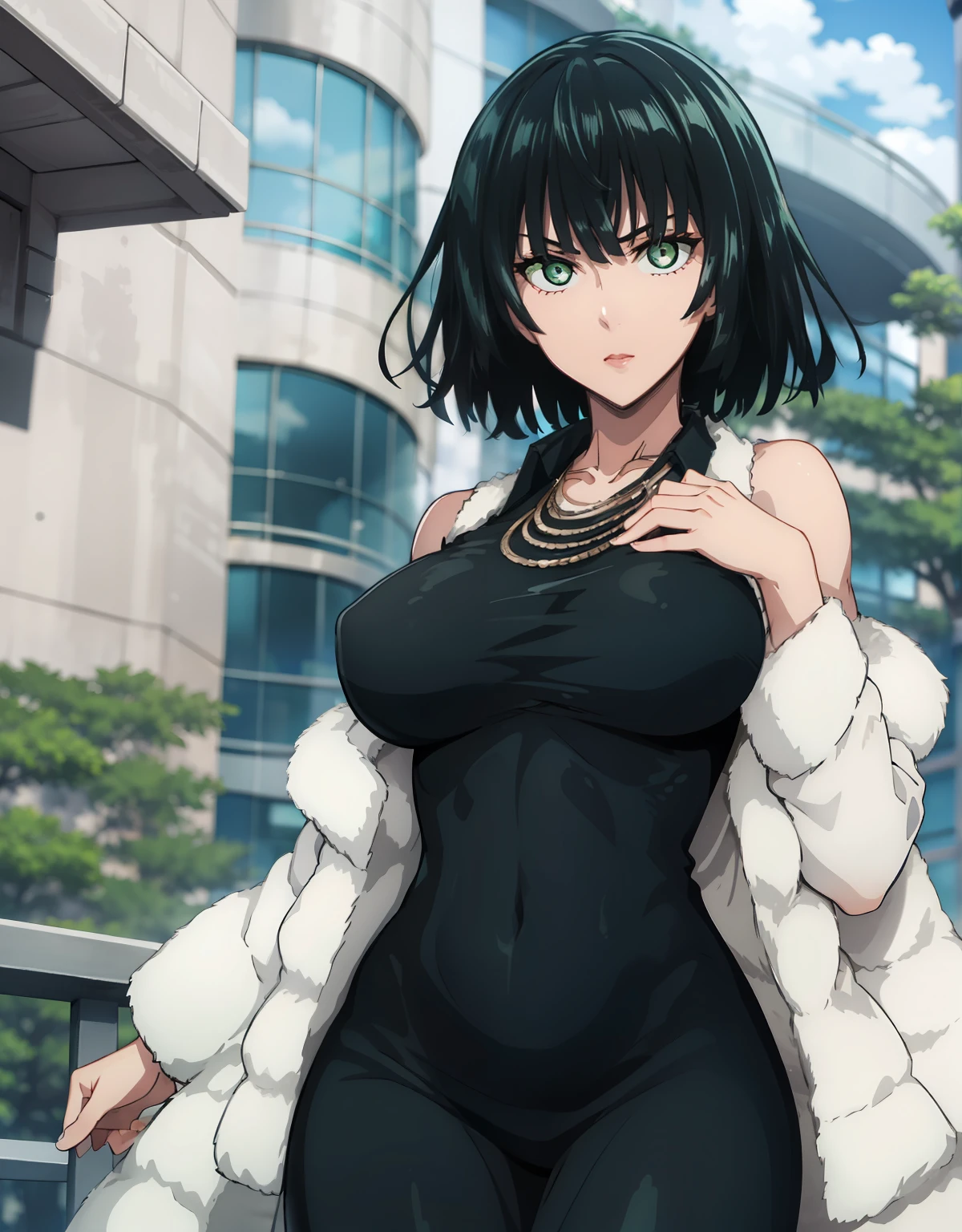 fubuki, fubuki, black hair, (green eyes:1.5), short hair, BREAK black dress, dress, fur coat, high collar, jewelry, necklace, off shoulder, taut clothes, taut dress, BREAK outdoors, BREAK looking at viewer, (cowboy shot:1.5), BREAK (masterpiece:1.2), best quality, high resolution, unity 8k wallpaper, (illustration:0.8), (beautiful detailed eyes:1.6), extremely detailed face, perfect lighting, extremely detailed CG, (perfect hands, perfect anatomy),