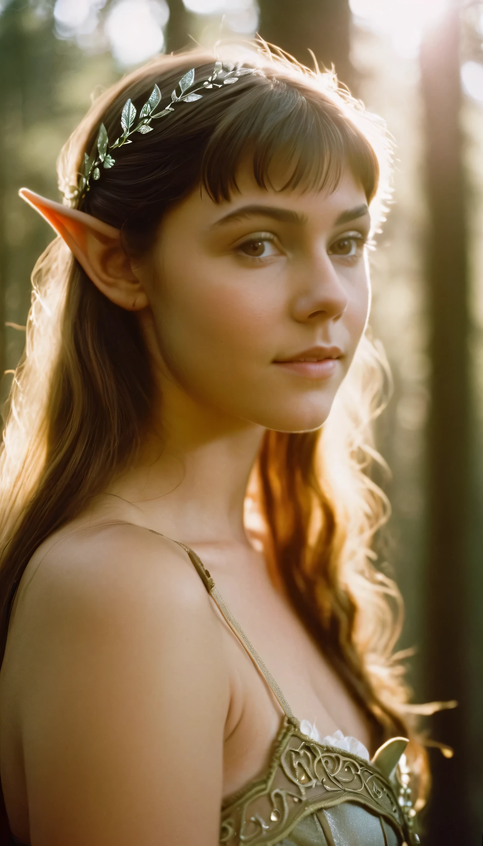 analog film photo, photo of a young woman, 18 years-old, (elven bra:1.1), elf, elf ears, long pointy ear tips, brown eyes, light-brown sun-tanned skin, goosebumps, pretty, natural beauty, resembles a young Mary Elizabeth Winstead, misty morning, elven forest, RAW Photograph, dslr, soft lighting, high quality, film grain, Fujifilm XT3, detailed skin with visible pores, insane details, masterpiece, 8k, 35mm photograph, dslr, kodachrome, faded film, desaturated, 35mm photo, grainy, vintage, Kodachrome, Lomography, stained, highly detailed, found footage, close-up shot, elven ears