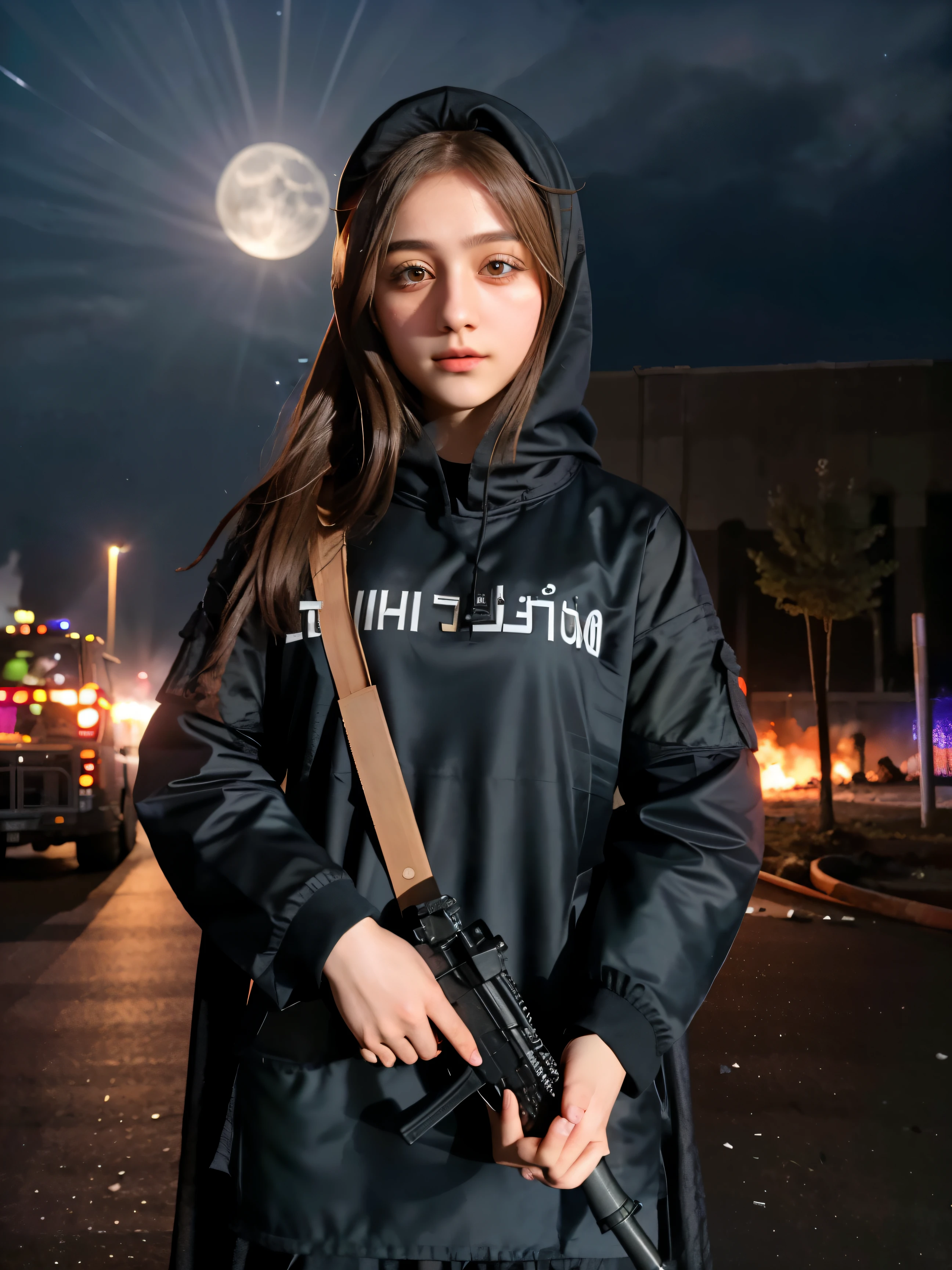 (photograph)cute girl of terrorist organization'Islamic extremist wearing a chador、shoot a machine gun、Massive fire breaks out at concert venue in Moscow、Moonlight night、calm expression