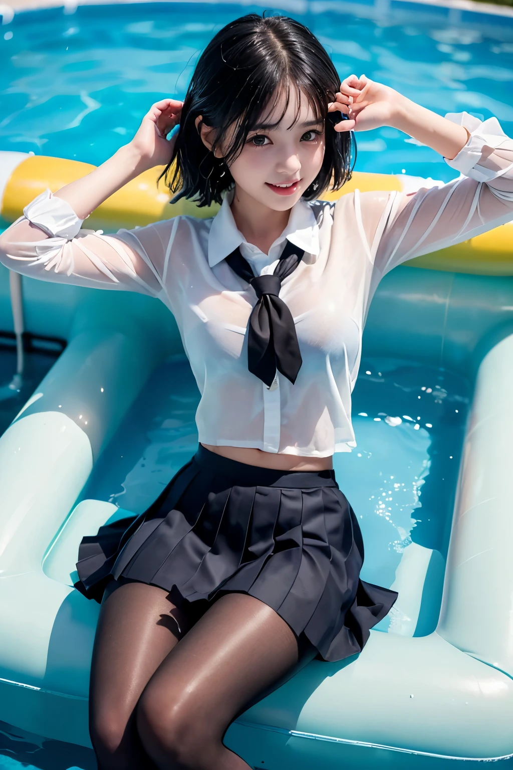 (((Beautiful girl in her school uniform riding a large float floating in the pool)))、(((wet 、wet bob hair、Wet hair、pleated skirt、Black pantyhose)))、smile、( absurdly,high quality , Super detailed)、(See photographer )、water droplets、(((cute pose)))