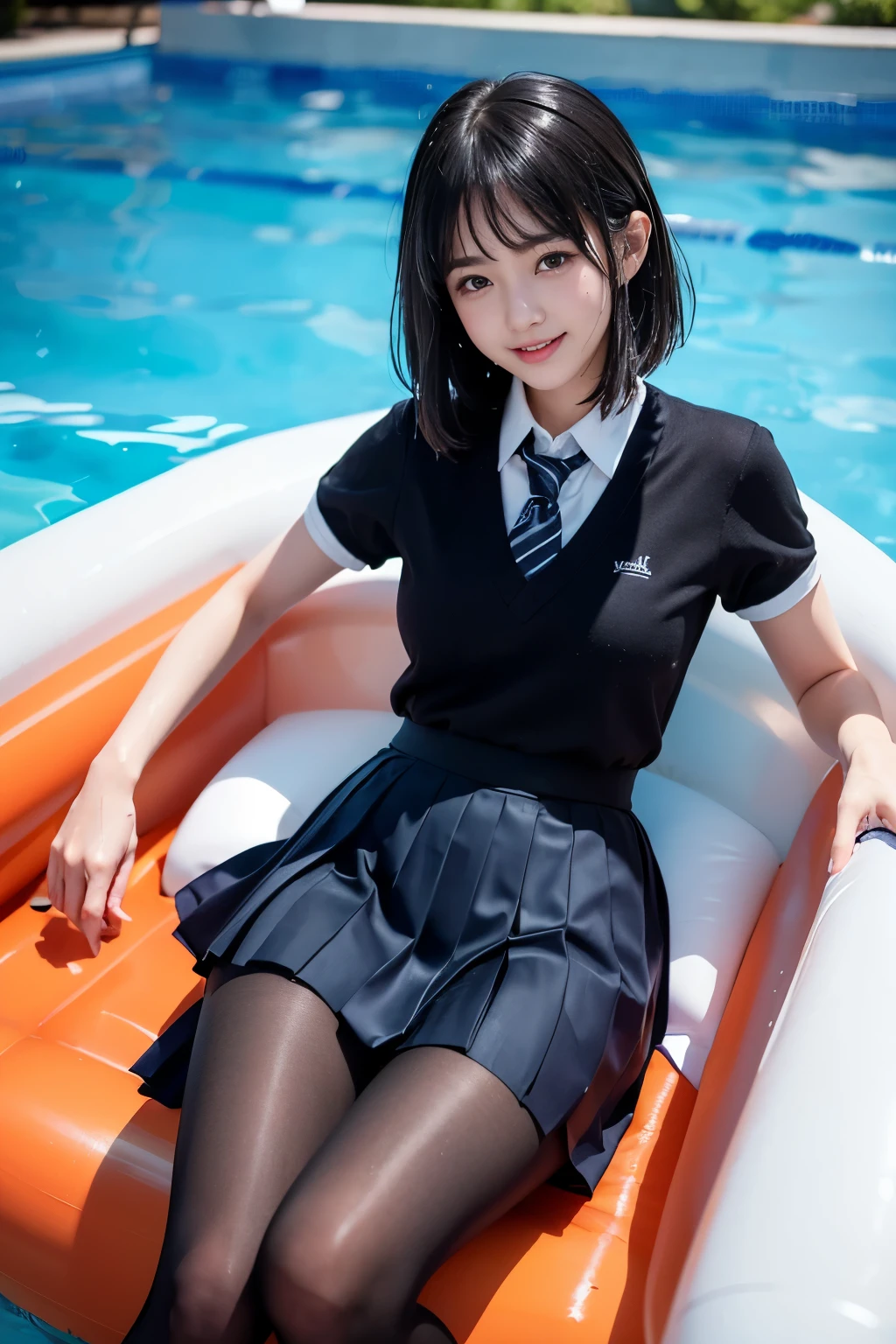 (((Beautiful girl in her school uniform riding a large float floating in the pool)))、(((wet 、wet bob hair、Wet hair、pleated skirt、Black pantyhose)))、smile、( absurdly,high quality , Super detailed)、(See photographer )、water droplets、(((cute pose)))