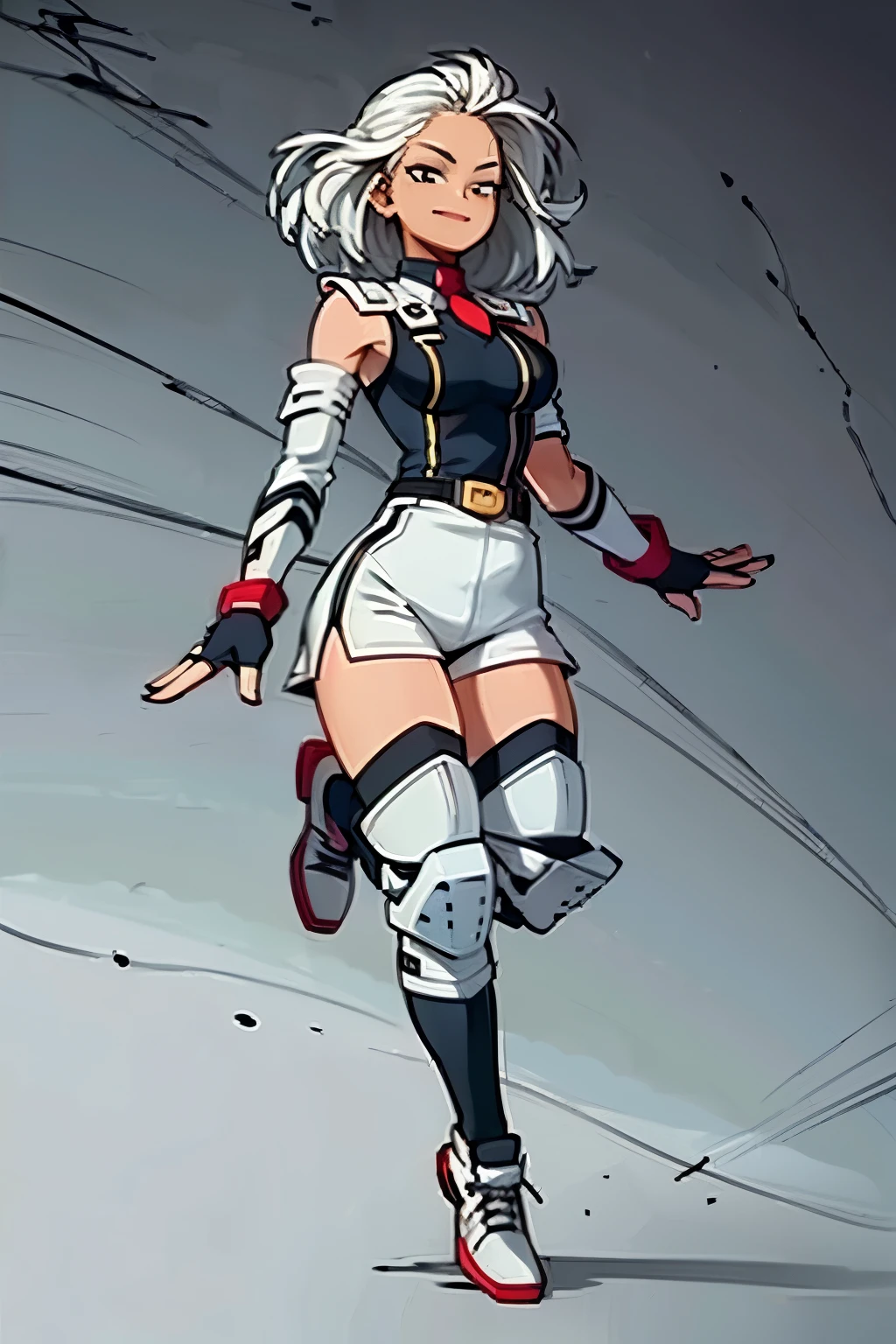 1girl, (Solo), Female, (((Full body photo:1.5))), curvy, (masterpiece), (best quality), (perfect anatomy), (jumping:1.5), (happy), smile, (large breast), (((My Hero Academia Style))), ((dark-skinned female)), ((platinum blonde standing bangs and brown hair shaved on the sides)), ((dark pink eyes)), (((sleeveless white double-breasted vest with silver buttons and dark blue accents. It has a white and dark blue-colla))), (((dark blue short-sleeved t-shirt))), (((red tie and white shorts))), (((dark blue chaps that presumably connect to the tops of her shorts))), (((chaps expose the inner part of the thighs and the backs of her calves))), (((blue fingerless gloves and dark gray trainers with black accents and a white stripe accompanied with red socks))), (((white calf pads and dark blue knee pads))), 
