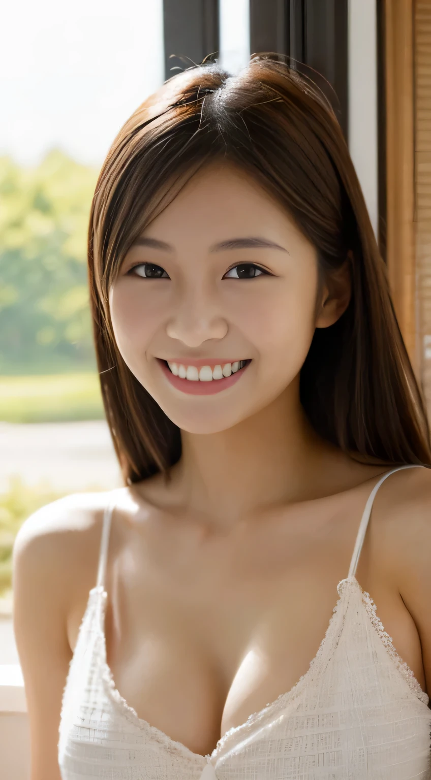 masterpiece,best quality,(Japanese ),((Beautiful girl)),cleavage,room,(perfect body beauty:1.2),(shy smile),beautiful teeth,