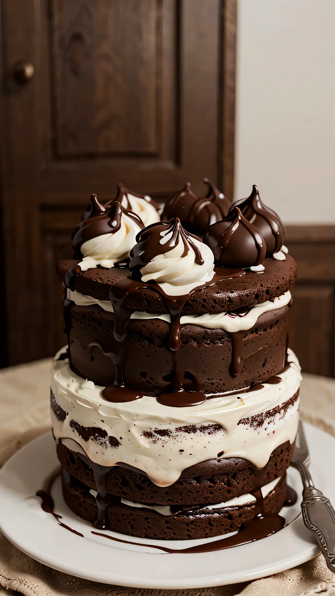 there is a chocolate cake with a slice taken out of it, smothered in melted chocolate, delicious, decadent, !!award winning!!, chocolate, totally chocolate, Black Forest, jaw-dropping, cake, Fuji Choco, recipe, Photography by food in polymer clay 4k, the best, cream, delicious, ganache, two tone