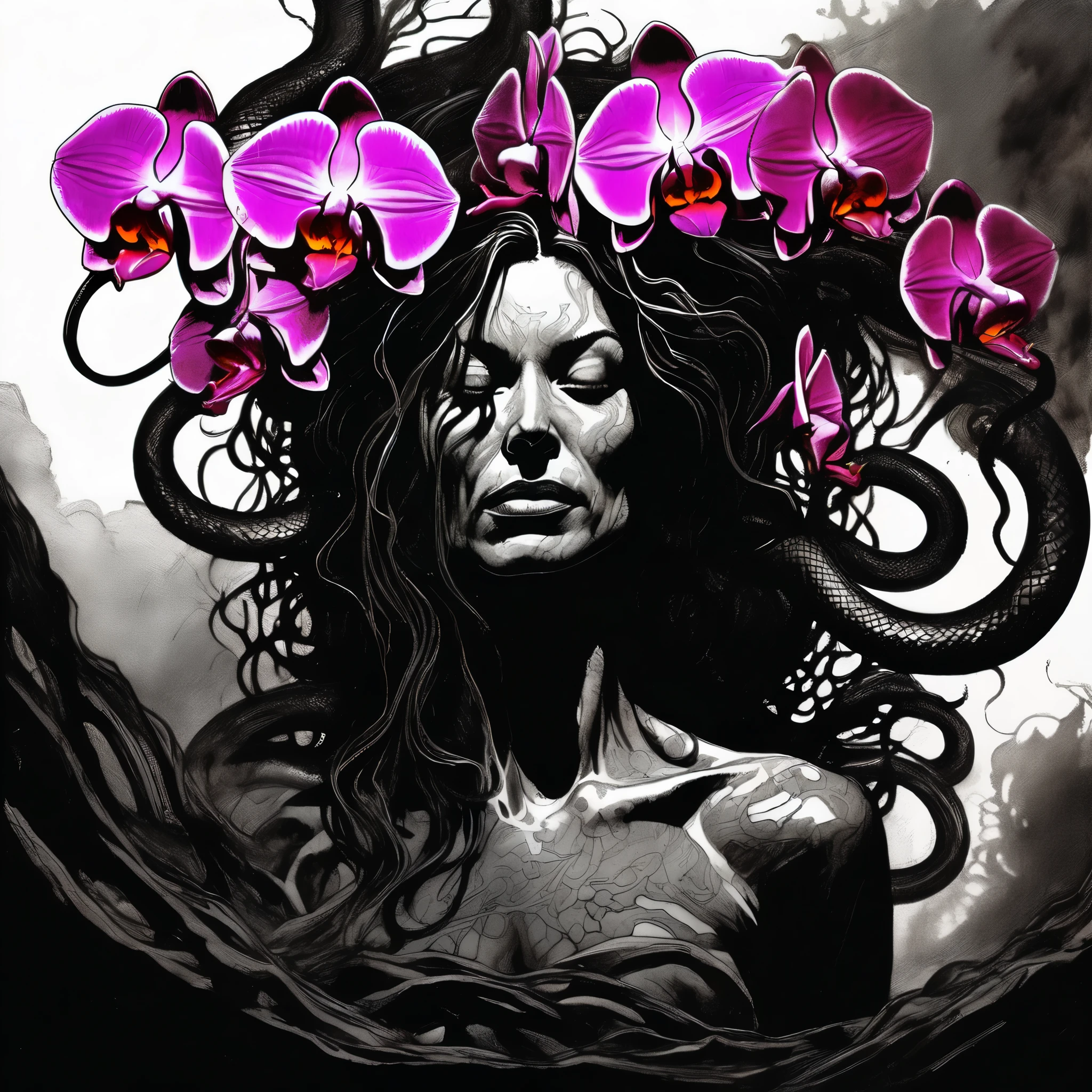 emerging from abyss black void darkness, source of luminous dim technicolor light is from source ornate brilliant glowing radiant rich hue fiery deep color lumen snakes, expressive ink cartoonish, , splash page compressed comic cover art, cinematic poster, candid, ((art style expressive Joelle Jones and "Sean Gordon Murphy" comic drawing)), abyss void black no visibility darkness drawn in Frederic Delavier musculature anatomical illustration art style, (craftsmanship nuance, (art style Gerardo Zaffino charcoal), subliminal orchids, nyctophobia, (wordless, single image),