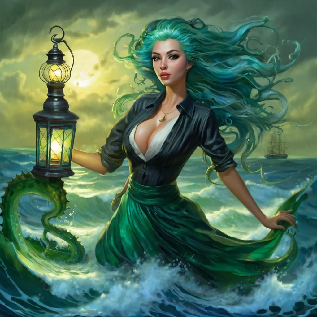 (best quality,ultra-detailed,realistic),portraits,medium:oil painting,(HDR,studio lighting),vivid colors,sharp focus,physically-based rendering,(A lovely siren),beautiful detailed eyes,beautiful detailed lips,extremely detailed eyes and face,long eyelashes,(light green skin),(aquamarine eyes),blue-green color tones on the face,(coke bottle figure),(blessed proportions),(sea foam green hair ankle length),flowing hair,(dressed in tatters, holding a lantern that shines unnaturally bright and swirls with evil energy),tattered clothing flowing in the wind,(age 20),serene expression,graceful pose,emerging from the ocean,sparkling water droplets on skin and hair,faint shimmering scales on the legs,gentle waves in the background,strands of seaweed entwined in the hair, she is singing standing atop the head of a (subject:2 horrible giant monster (many eyes, many tentacles, huge maw full of jagged teeth)), (subject 3: A sailing ship in the distance approaches the siren and its doom), it is a pitch black night with light rain and just a little lightning (the siren's lantern is the primary light source)