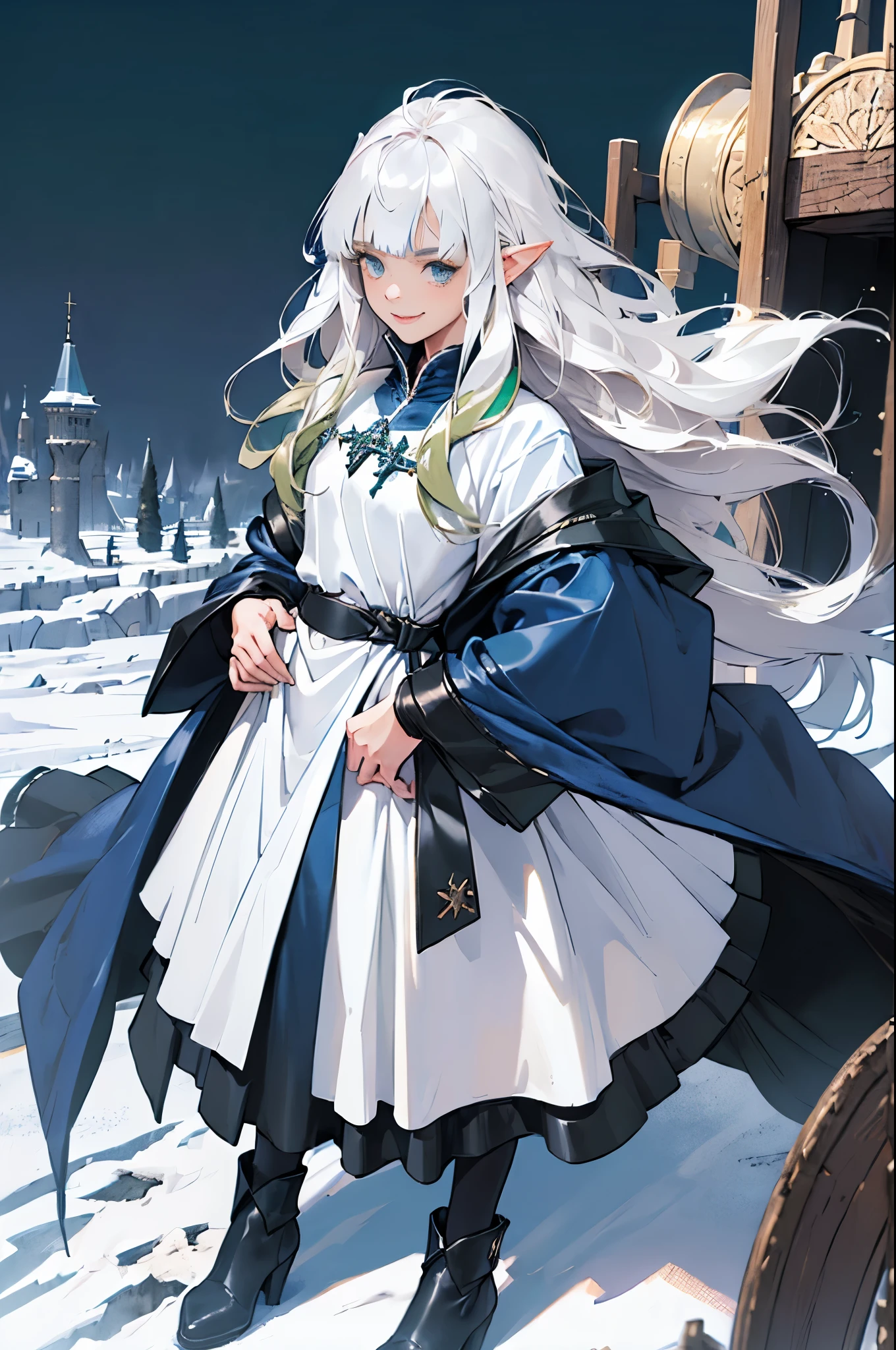 (((((girl))))), masterpiece, ultra detailed, 8K Portrait, Raw photo, woman's portrait photography, full body, Highly detailed face, mischievous childish smile, ((Fantasy)), (((hobbit))), ((Adult)), 45 years old, 110cm, (((ALCHEMIST))), ((tanned skin)), (((gradation from dark green to white long straight hair))), (((blunt bangs))), (((dark blue silk long Fluffy cloak))) Fluttering in the wind, (((white inner coat))), long skirt, leather gloves, Midday sun, Hyper realistic, Slender body, by the snowy castle, Ambient lighting, Shadow details, Camera focus on face, strong breeze, Light fog