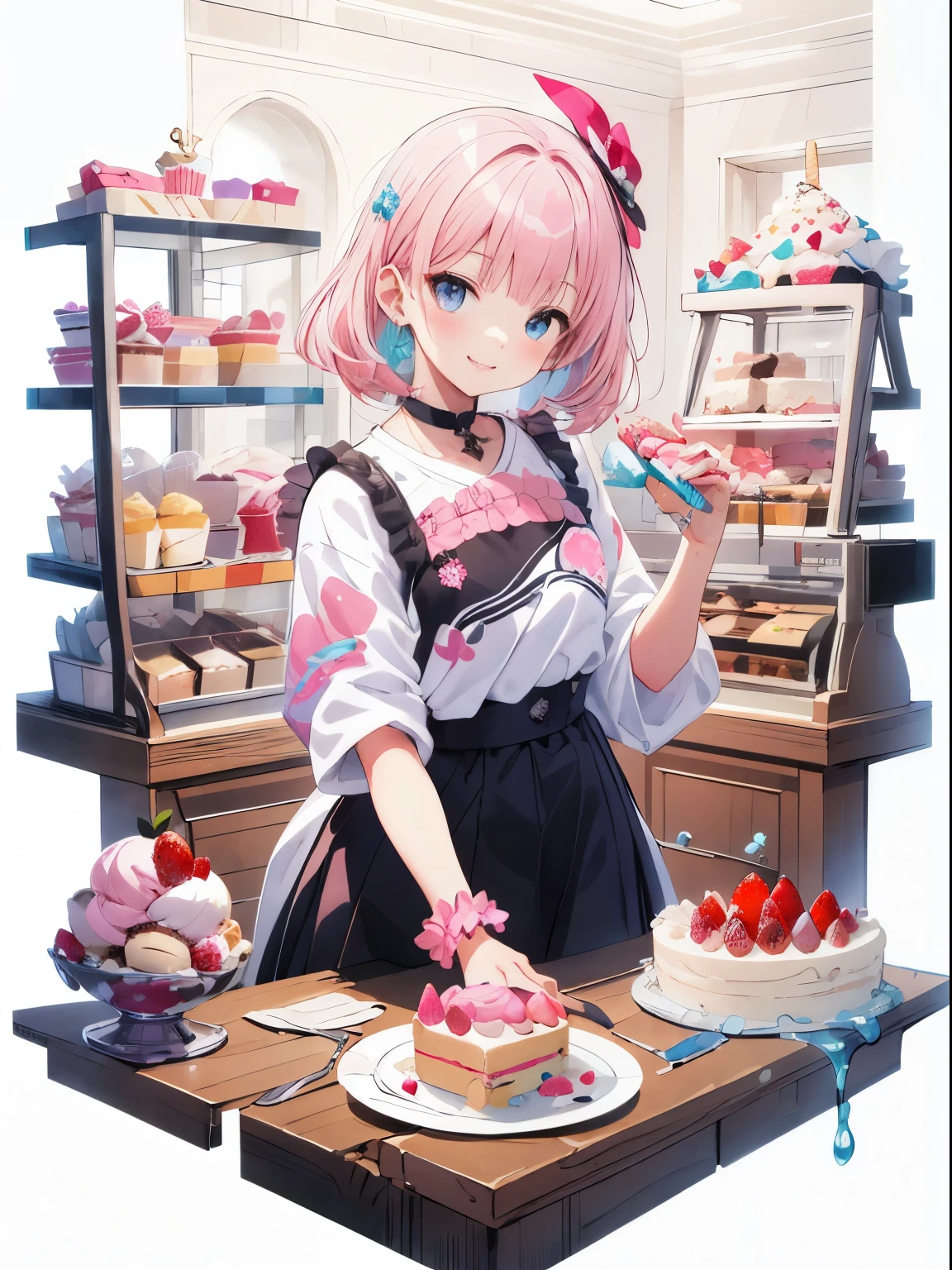 (((masterpiece))),highest quality, [(white background:1.5)::5], (isometric:1.1), Beautifully detailed fashion magazine style, Pink hair girl wearing pastel decora fashion,blue eyes, intricate illustrations, ice cream, sweets, shimmer, iridescent, particles of light, cake, strawberry, fruit, dynamic angle, pink theme, shiny, shiny clothes, frills, 8K, smile,