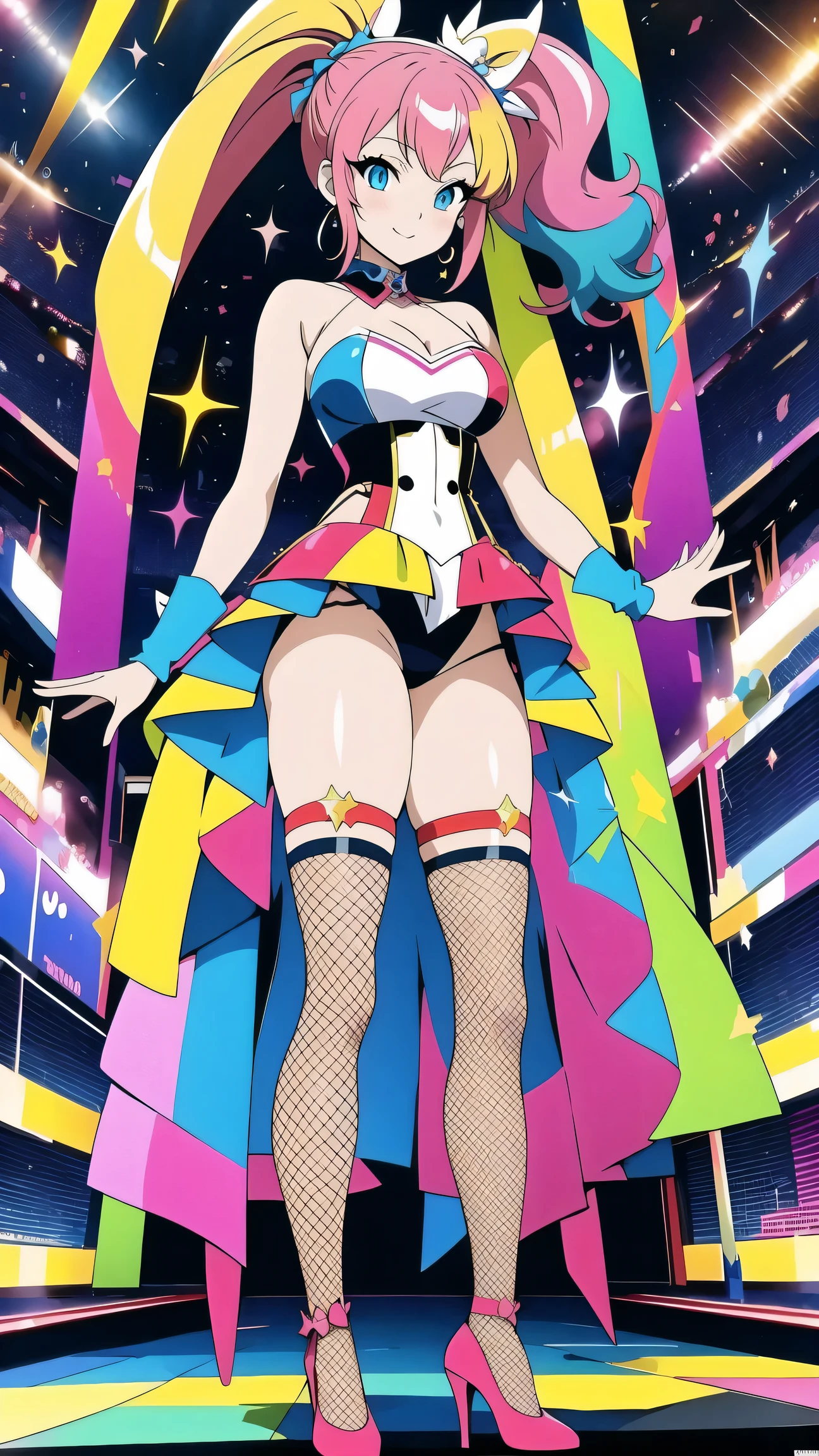 anime art style：1 Sexy Fashionable Female Celebrities, Avant-garde makeup，Exquisite hairstyle，hair accessories, confidence and determination，(Colorful fashion high heels),Standing in the center of the catwalk and performing, sparkling(pop art style)clothing,concept art,Sexual innuendo,fishnet stockings.