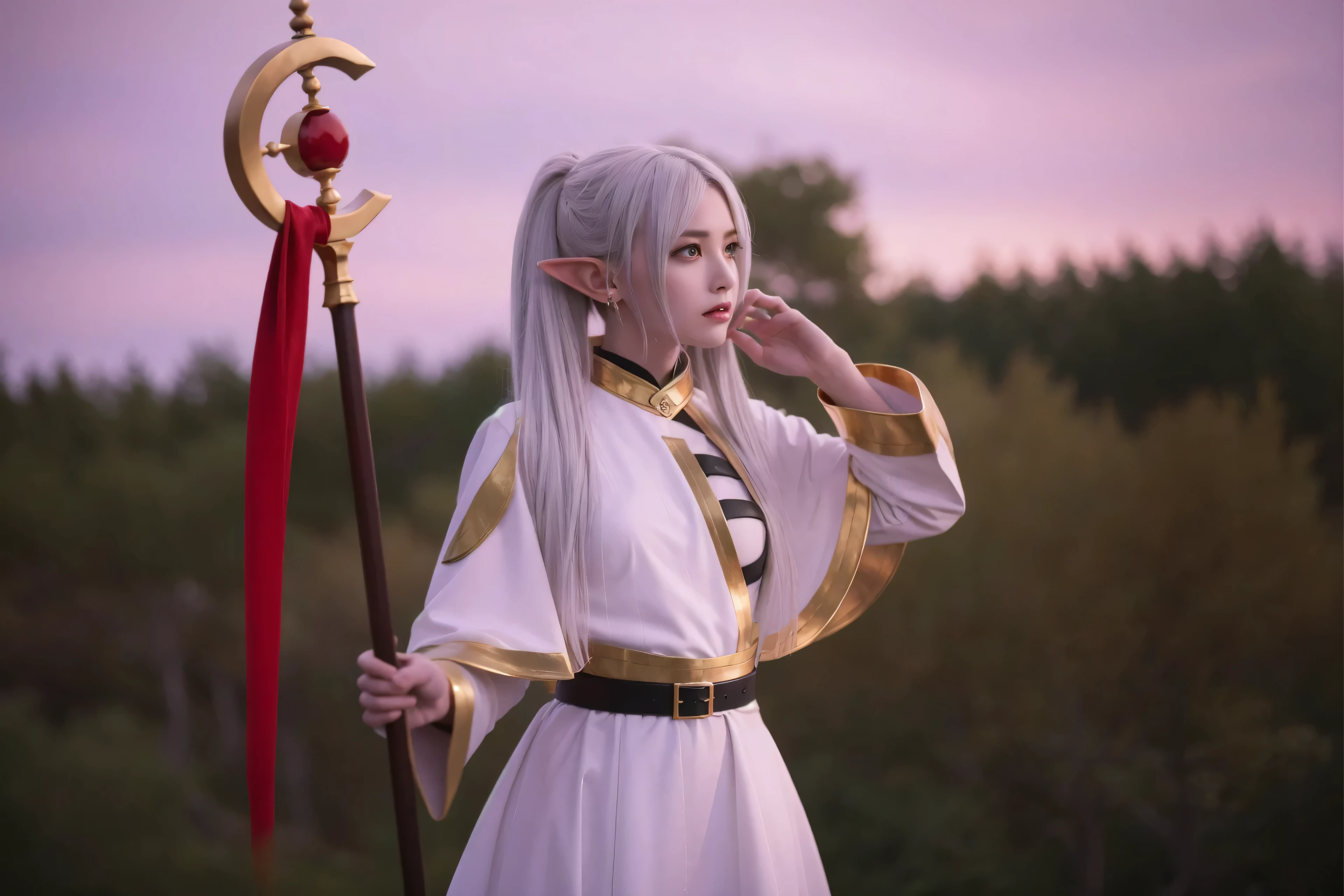 ((alone)),(masterpiece,highest quality,High resolution,realistic, photo realistic), funeral freelen,cosplay,goblin, Metal(gold and red)has a cane of,Japanese,Beautiful woman,goblin,High resolution, plump lips, emerald green eyes,pointy ears,silver hair, wizard,White and gold robe,thin,Upper body,forest,blue sky,looking at camera,Upper body,dynamic pose
