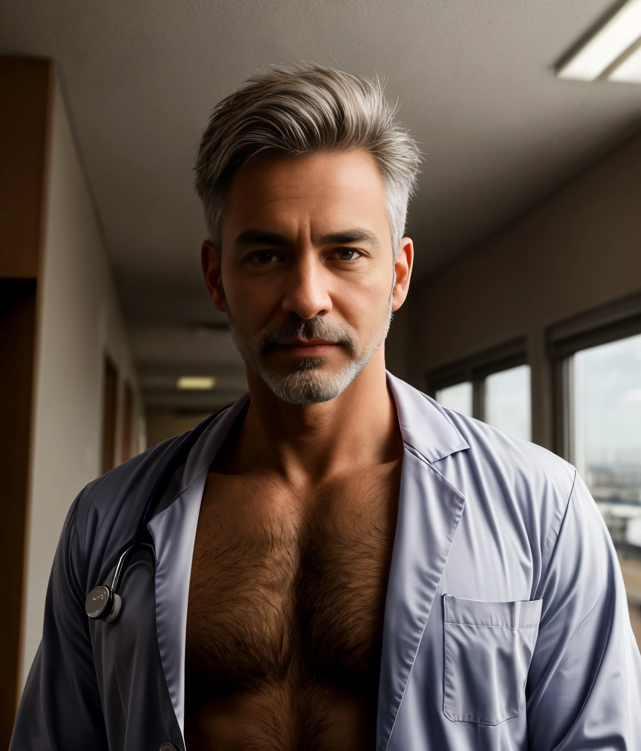 masterpiece, best quality, high resolution, closeup portrait, male focus, solo focus, A man, 55 years old, with doctor uniform, doctor suit, medicine doctor, silver grey hair, messy hairstyle, cute and seductive face, bare chest, body hair, facial hair, roman nose, scruffy, hairy abs, scruffy,  skinny body, hairy legs, dimples, beard, bold jawline , in the background a hospital doctors office,  view from below, amazing composition, front view, HDR, ultra quality, elegant, highly detailed