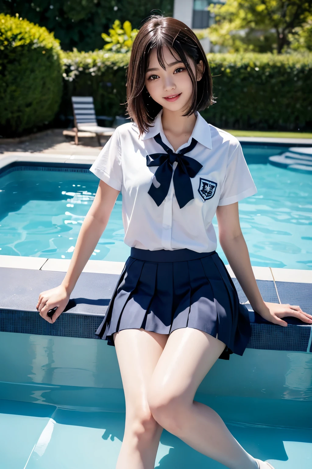 (((Beautiful girl in her school uniform riding a large float floating in the pool)))、(((wet 、wet bob hair、Wet hair、pleated skirt、Black pantyhose)))、smile、( absurdly,high quality , Super detailed)、(See photographer )、water droplets、(((cute pose)))