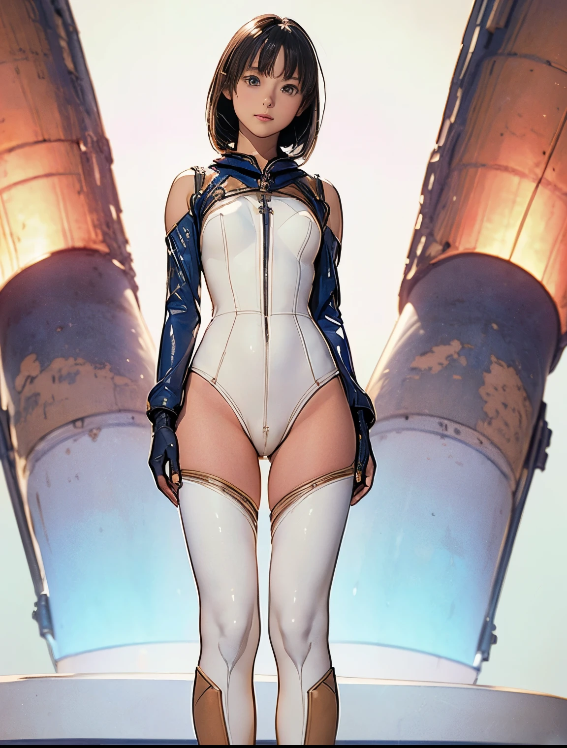 (masterpiece、best quality、Highest resolution、Clear_image、detailed details): (full body picture、 girl、Japanese face、small face、thin、Navy blue super short bob、blue eyes、Blue and Black Shiny Aviator Suit、Armor that protects the chest、tight clothes、Clothes that cover the whole body、leggings、Very delicate and beautiful、hide thighs、hide your ass、Cute type、gentle smile、soft expression、earphone、knee high boots、Gloves come to elbow length、Shooting at eye level、face directly、woman on spaceship), (((camel toe))), ((Plain white tights))