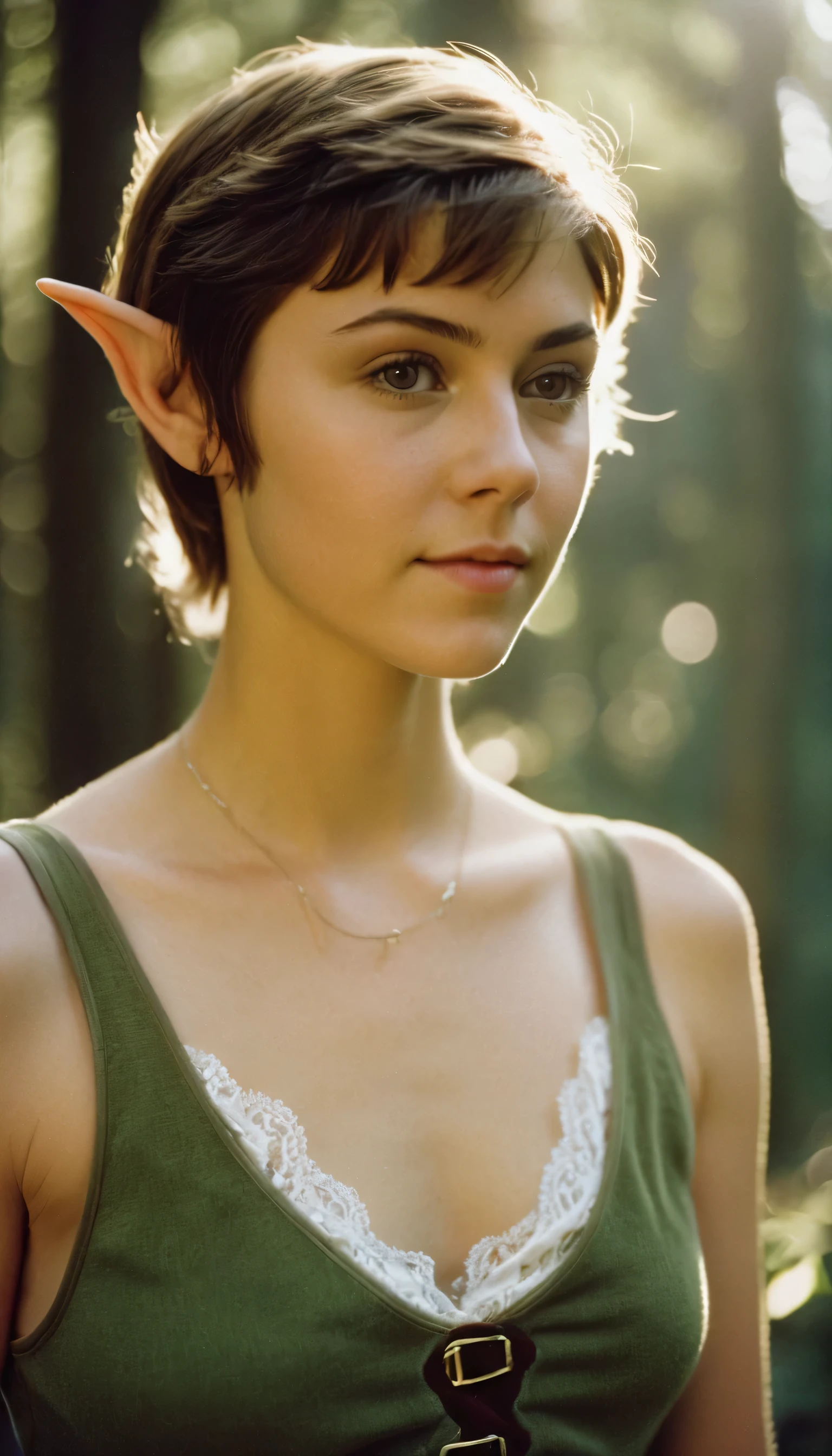 analog film photo, photo of a young woman, 18 years-old, (elven tank top:1.1), elf, elf ears, long pointy ear tips, brown eyes, light-brown sun-tanned skin, goosebumps, pretty, natural beauty, resembles a young Mary Elizabeth Winstead, misty morning, elven forest, RAW Photograph, dslr, soft lighting, high quality, film grain, Fujifilm XT3, detailed skin with visible pores, insane details, masterpiece, 8k, 35mm photograph, dslr, kodachrome, faded film, desaturated, 35mm photo, grainy, vintage, Kodachrome, Lomography, stained, highly detailed, found footage, close-up shot, elven ears