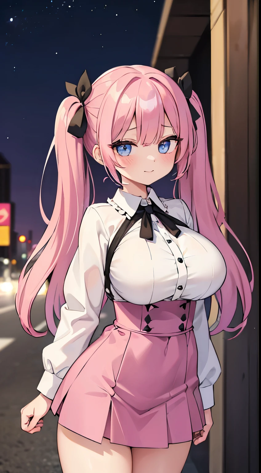 (masterpiece、top-quality、ultra-detailliert)、((1 girl))、((Pink hair twin tails))、light blue eyes、evilsmile、piercings、((very Bigger breasts))、jirai fashion、pink clothing、frilld、a black ribbon、Black miniskirt、cowboy shot、Downtown background at night
