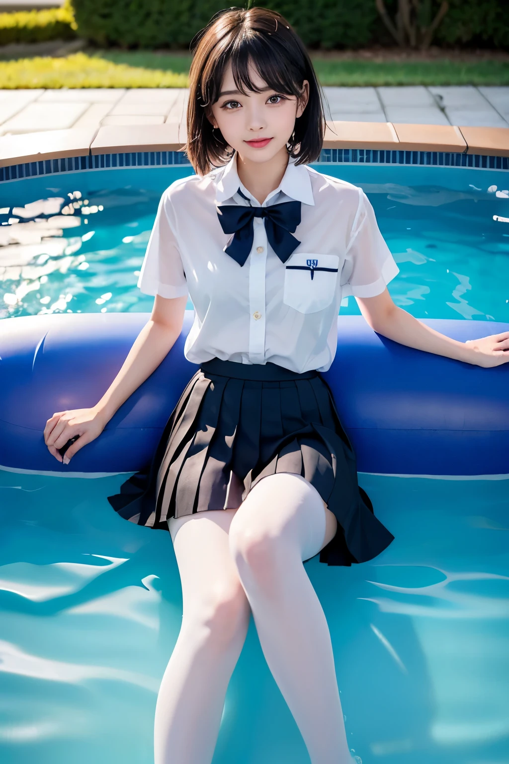 Wet schoolgirl uniform、the skirt is short、You can see the swimsuit from the skirt、huge tit、The shirt is unbuttoned、Wear a white-rimmed school swimsuit、wetting hair、Shorthair、25-year-old female gravure idol、Sexually seductive facial expressions、The mouth is small and open、sexy pose、school poolside、Wearing glasses