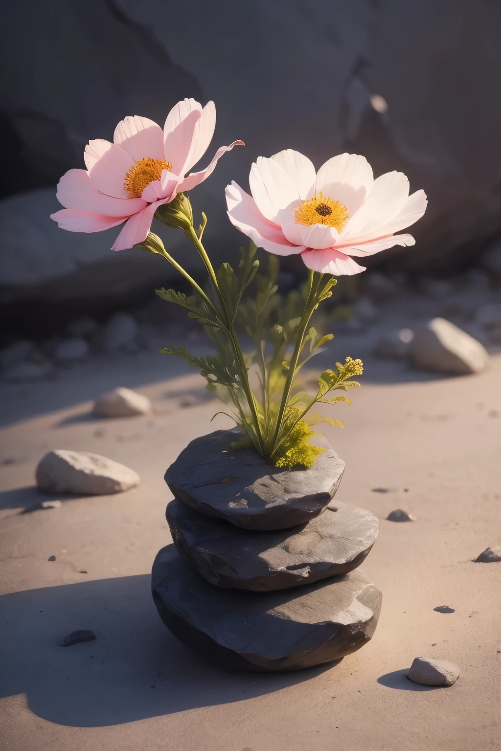 Cosmos flowers bundled in rough stones、there are no humans、realistic pictures、(pink background)