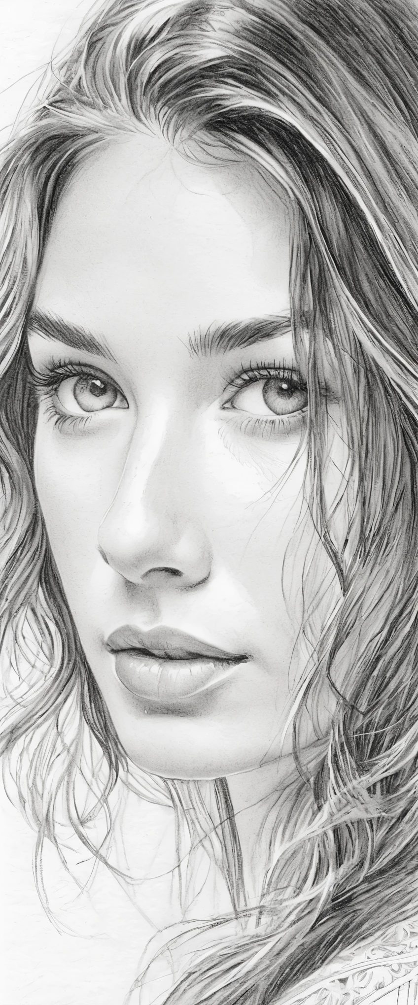 A stunning, black and white sketch photoshoot of a beautiful woman with delicate, pencil-drawn features and a soft, dreamy expression. Highly detailed, with intricate shading and a range of tones from deep blacks to bright whites. Captured with a normal lens and a classic, timeless composition that emphasizes the woman's natural beauty and the artist's skilled, expressive linework.
