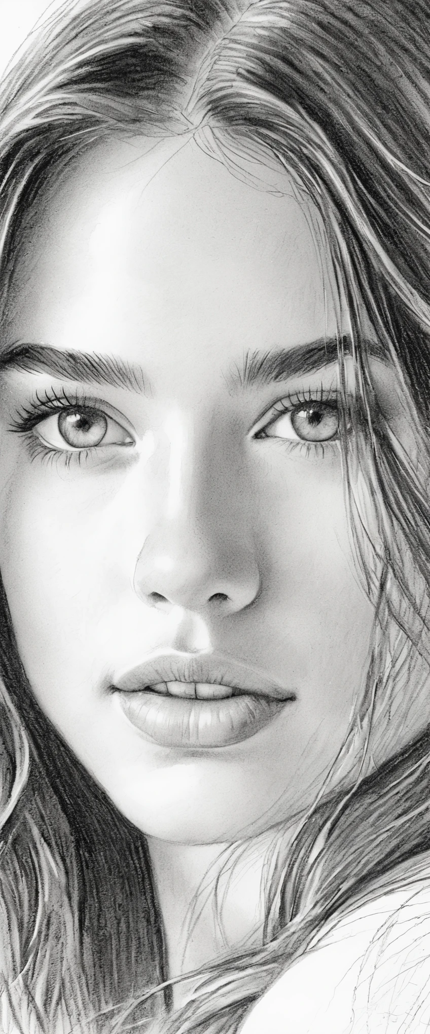 A stunning, black and white sketch photoshoot of a beautiful woman with delicate, pencil-drawn features and a soft, dreamy expression. Highly detailed, with intricate shading and a range of tones from deep blacks to bright whites. Captured with a normal lens and a classic, timeless composition that emphasizes the woman's natural beauty and the artist's skilled, expressive linework.
