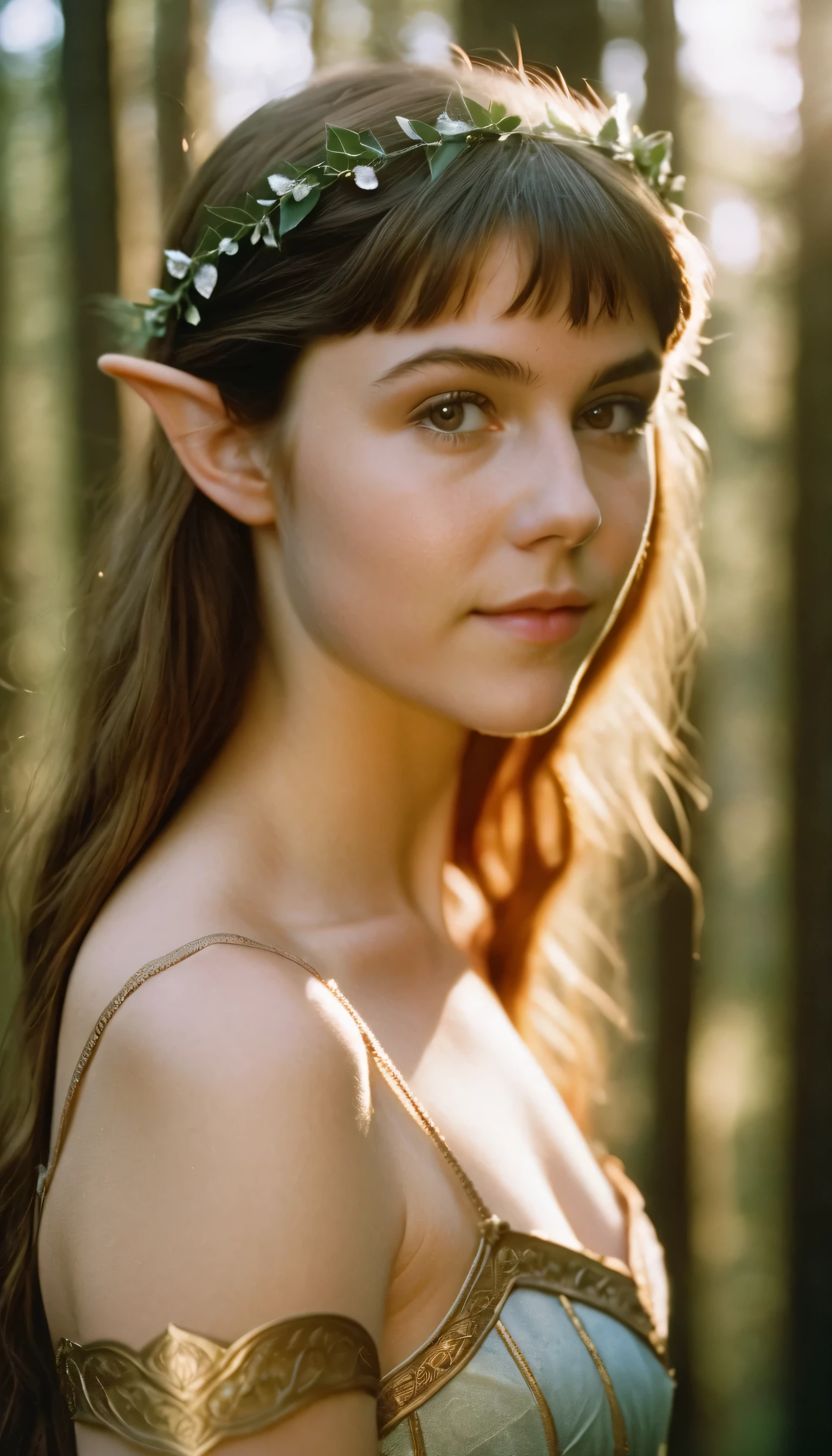 analog film photo, photo of a young elf girl, 18 years-old, elf, elf ears, long pointy ears, messy hair, sun-kissed complexion, goosebumps, pretty, natural beauty, tall, full hourglass figure, wearing a cotton bralette, posing in a misty forest, resembles a young Robin Wright, RAW Photograph, dslr, soft lighting, high quality, film grain, Fujifilm XT3, detailed skin with visible pores, insane details, masterpiece, 8k, 35mm photograph, dslr, kodachrome, faded film, desaturated, grainy, vintage, Lomography, stained, highly detailed, found footage, close-up shot, elven ears