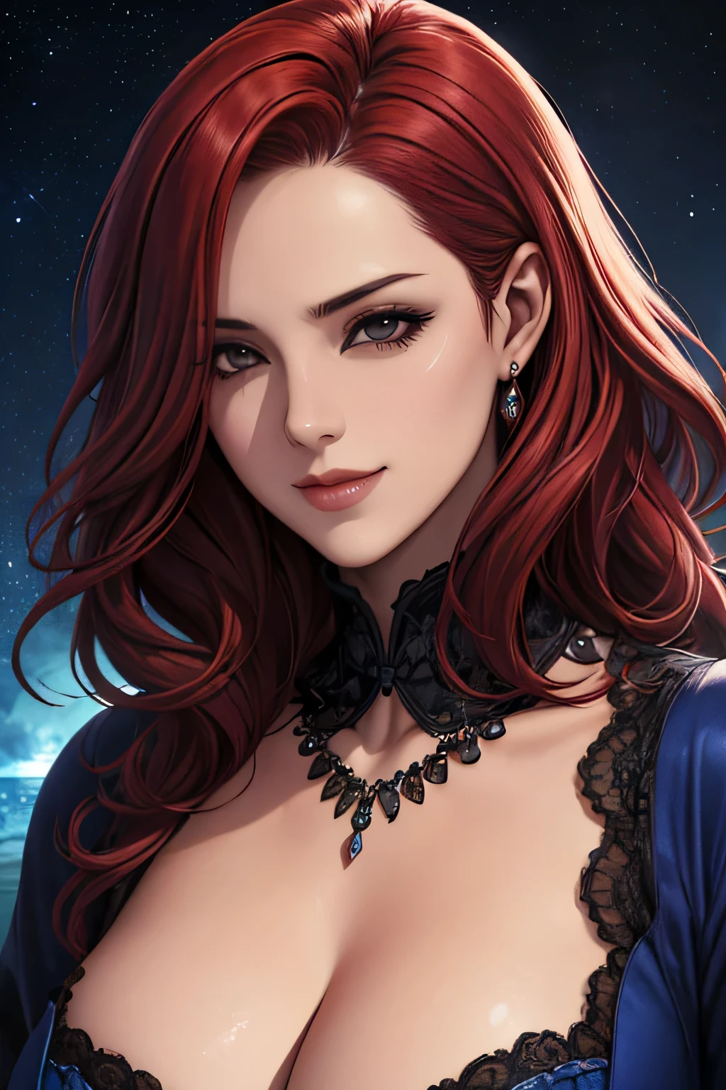 portrait shot, ((vivid red hair)), mature woman, 30 years old, diamond face, moonlight, red starry sky background, depth of field, magic, big red lips, ((dark black eyes)) blue and red long and full dress, covered chest, mystical atmosphere, ominous shadows, Intense blue aura, Intense red aura (best quality:1.2), absurdres, intricate details, (highly detailed skin:1.2), smile expression, posing, taut and well defined body, attractive. Highly realistic, pale skin, beautiful, hyperrealism, skin very elaborated, direct gaze