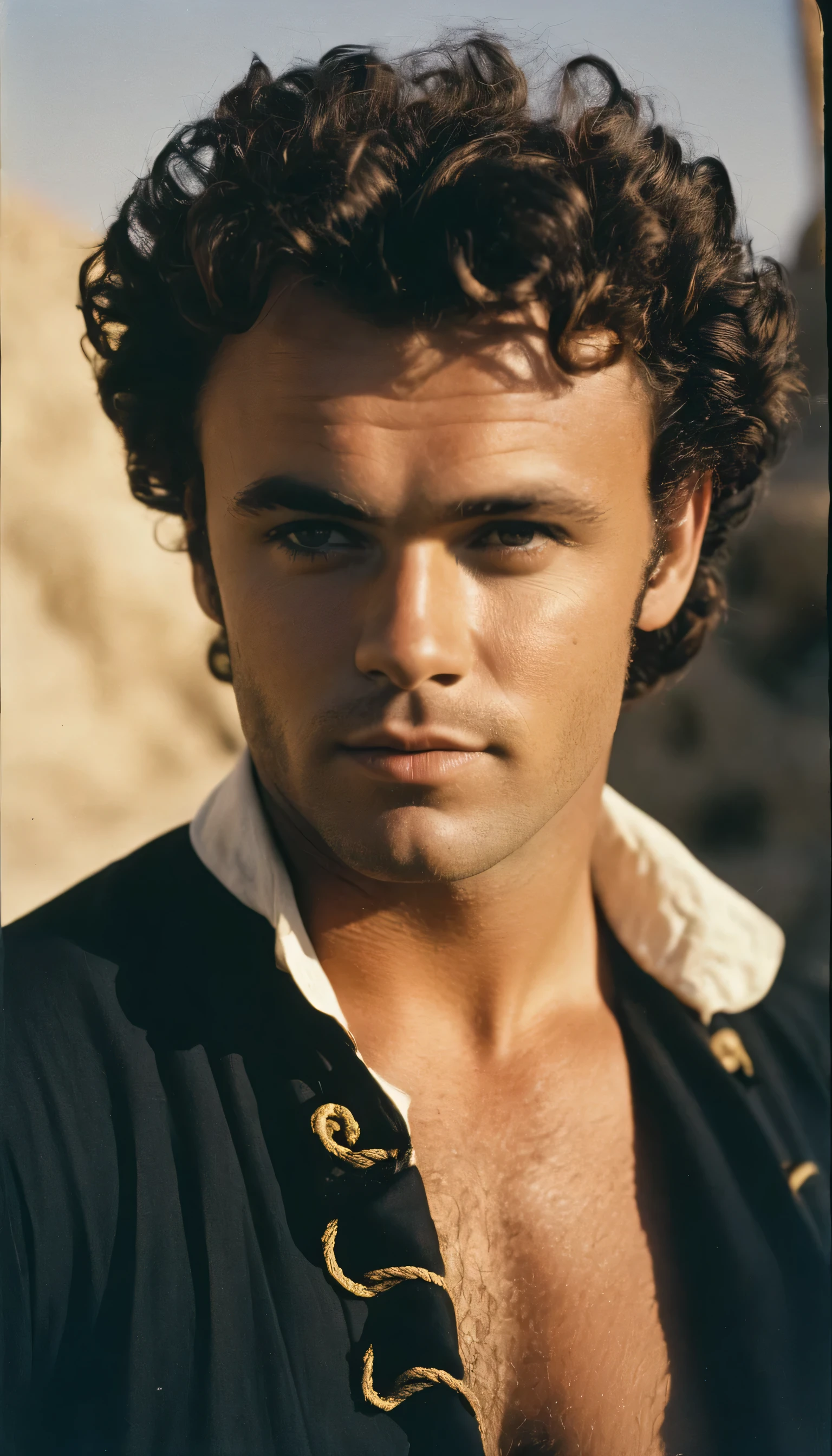 Vintage photo of 30 years-old sailor, male, brown-black hair, short curly quiff haircut, brown eyes, caucasian, round face, oval-shaped jawline, bulbous nose, full lips, thick eyebrows, soft features, stocky broad frame, chubby, handsome, resembles a young John C Reilly, (ruffled pirate shirt:1.1), silhouette, backlit, split lighting, half face in shadow, RAW Photograph, dslr, hard lighting, hard shadows, high quality, film grain, Fujifilm XT3, detailed skin with visible pores, insane details, masterpiece, 8k, 35mm photograph, dslr, kodachrome, faded film, desaturated, 35mm photo, grainy, vintage, Kodachrome, Lomography, stained, highly detailed, found footage, close-up shot