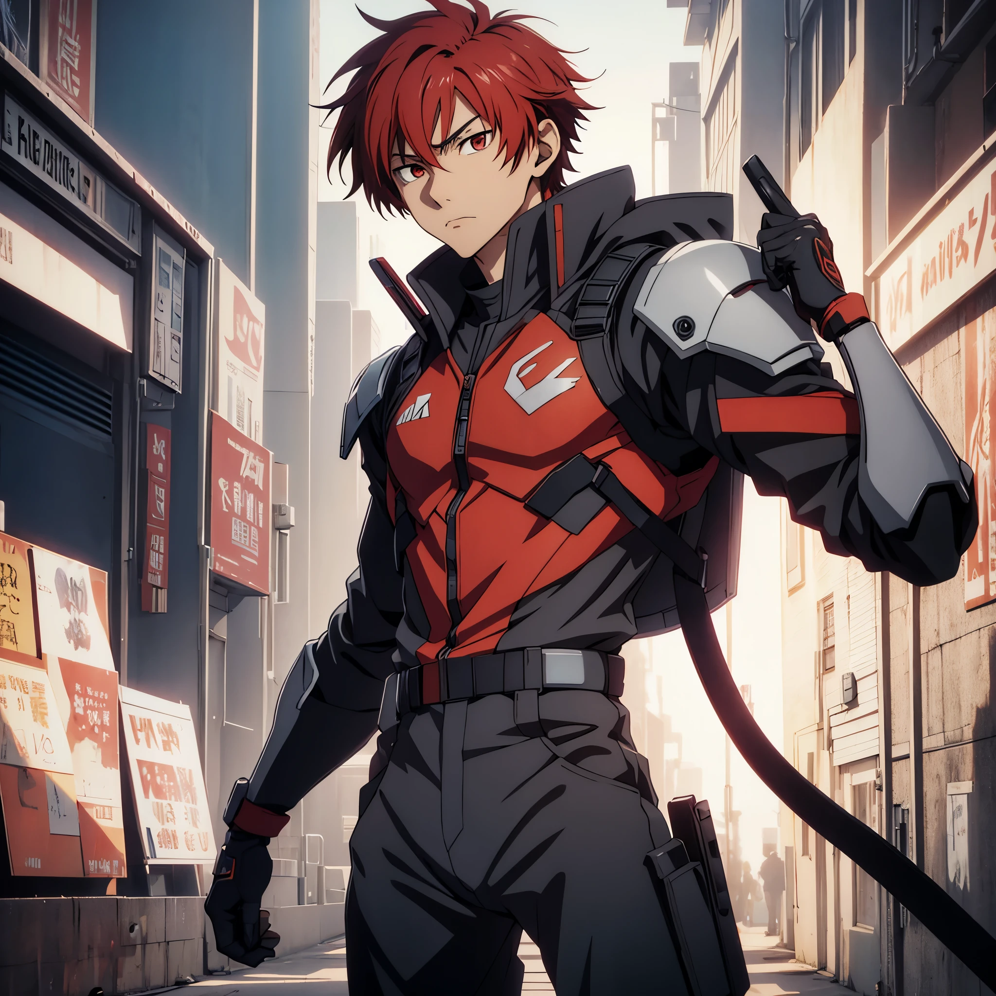1 male, solo, red hair , , looking away from the camera, anime character wearing combat suit, kaworu nagisa, anime handsome man, male anime character, tall anime guy with red eyes, hajime yatate, anime, fubuki, action anime pose, yukito kishiro, young anime man, official art, makoto kano, male anime style, masterpiece, rtx, ray tracing, highly detailed, best quality, official art