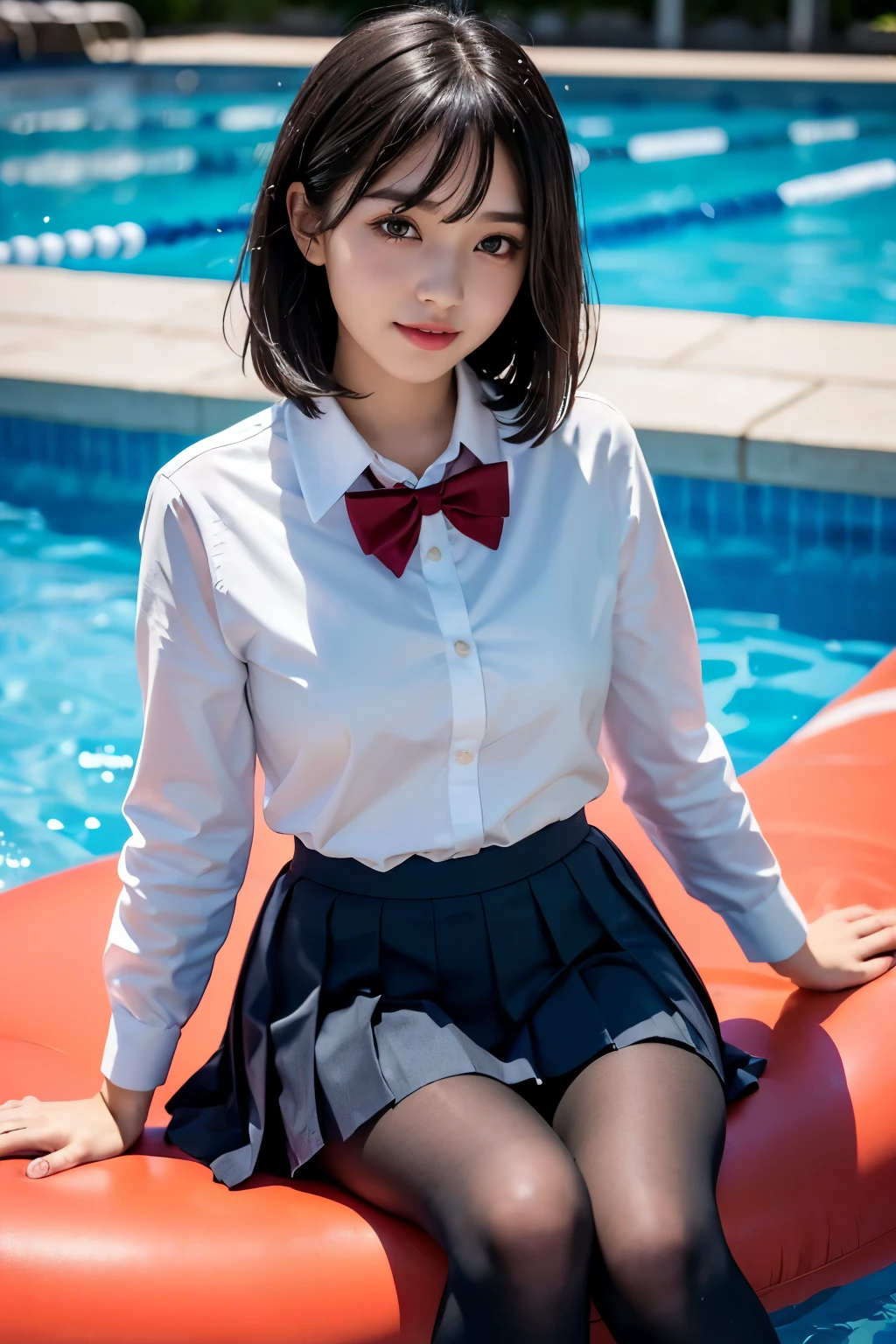 (((Beautiful girl in her school uniform riding a large float floating in the pool)))、(((wet 、wet bob hair、Wet hair、pleated skirt、Black pantyhose)))、smile、( absurdly,high quality , Super detailed)、(See photographer )、water droplets、(((cute pose)))