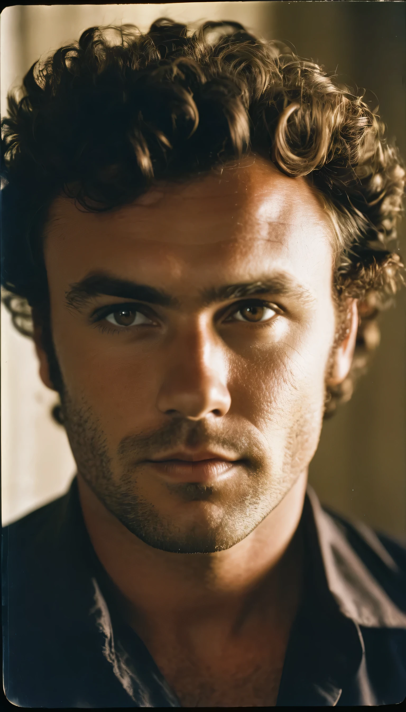 Vintage photo of 30 years-old sailor, male, brown-black hair, short curly quiff haircut, brown eyes, caucasian, round face, oval-shaped jawline, bulbous nose, full lips, thick eyebrows, soft features, stocky broad frame, chubby, handsome, resembles a young John C Reilly, (ruffled pirate shirt:1.1), silhouette, backlit, split lighting, half face in shadow, RAW Photograph, dslr, hard lighting, hard shadows, high quality, film grain, Fujifilm XT3, detailed skin with visible pores, insane details, masterpiece, 8k, 35mm photograph, dslr, kodachrome, faded film, desaturated, 35mm photo, grainy, vintage, Kodachrome, Lomography, stained, highly detailed, found footage, close-up shot