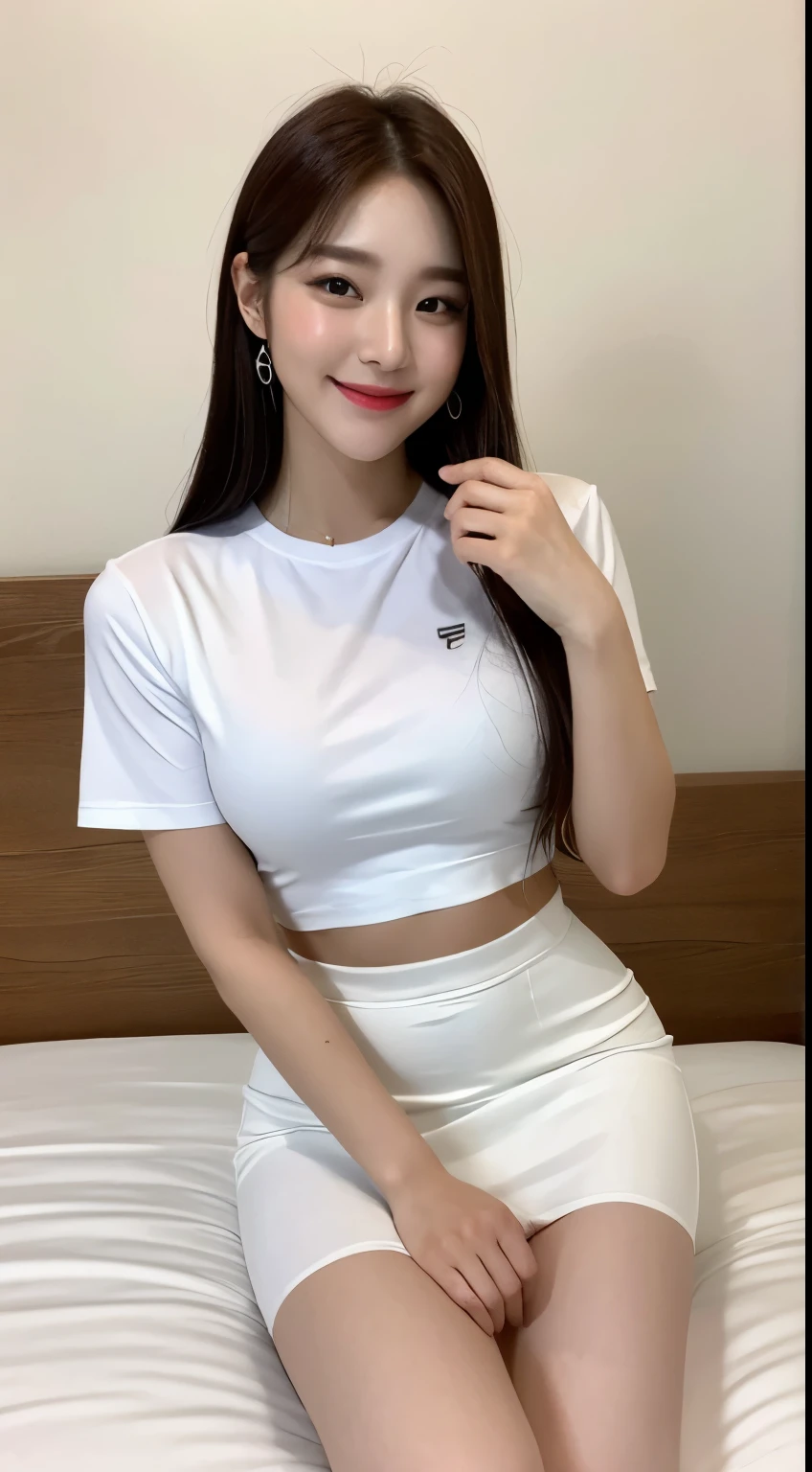 white tight shirt、white tight mini skirt、bed、smile、short sleeve、high resolution、Korean idol face