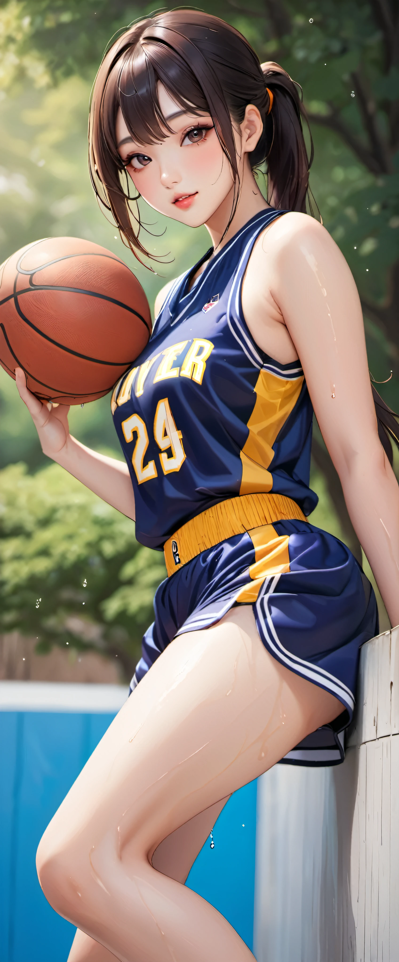 (masterpiece,highest quality,超A high resolution),japanese woman, (((Very beautiful 25 year old girl))), pretty girl、look at the photographer、 ((beautiful low ponytail)), super cute face, glossy lips, double eyelids in both eyes,natural smile、 natural makeup, long eyelashes, shiny smooth hair、center image, perfect limbs, perfect anatomy,(((Basketball Sleeveless Uniform)))、,(wet with sweat),,look back