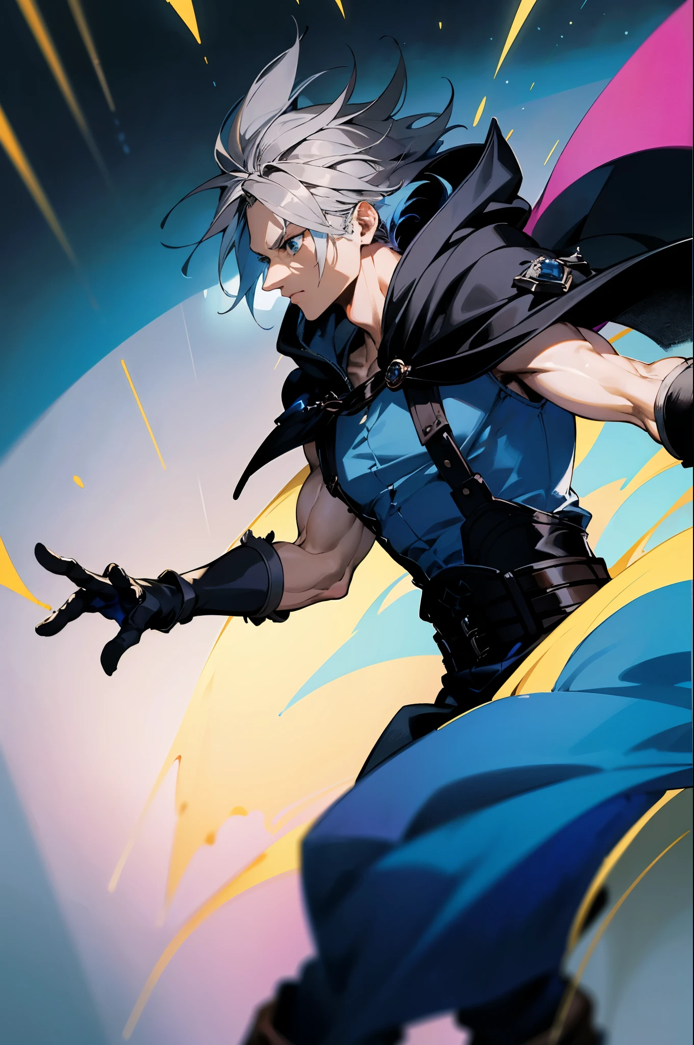Portrait,man wearing a long blue cloak and hood,with gray hair and light-colored eyes,tall, detailed eyes and face, strong and muscular build,standing in a dynamic pose,casting powerful magic spells,engaged in a magical duel,vivid colors,sharp focus,studio lighting,cape flowing in the wind,white shirt,green short,brown boots,blue gloves and belt,adding mystifying effects to the scene. Colores pastel